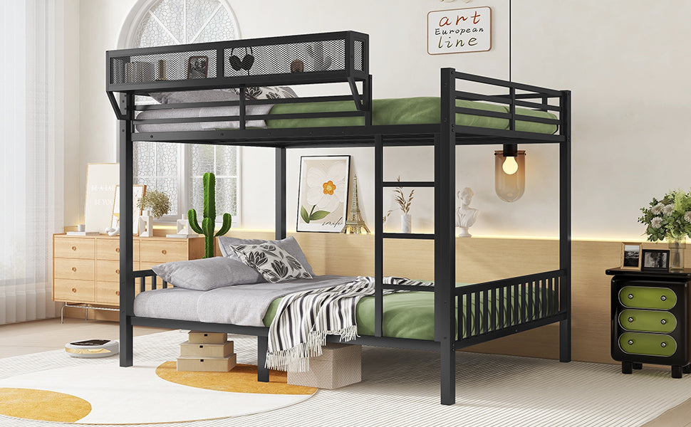 Black queen over queen metal bunk bed with storage shelf in a bright bedroom