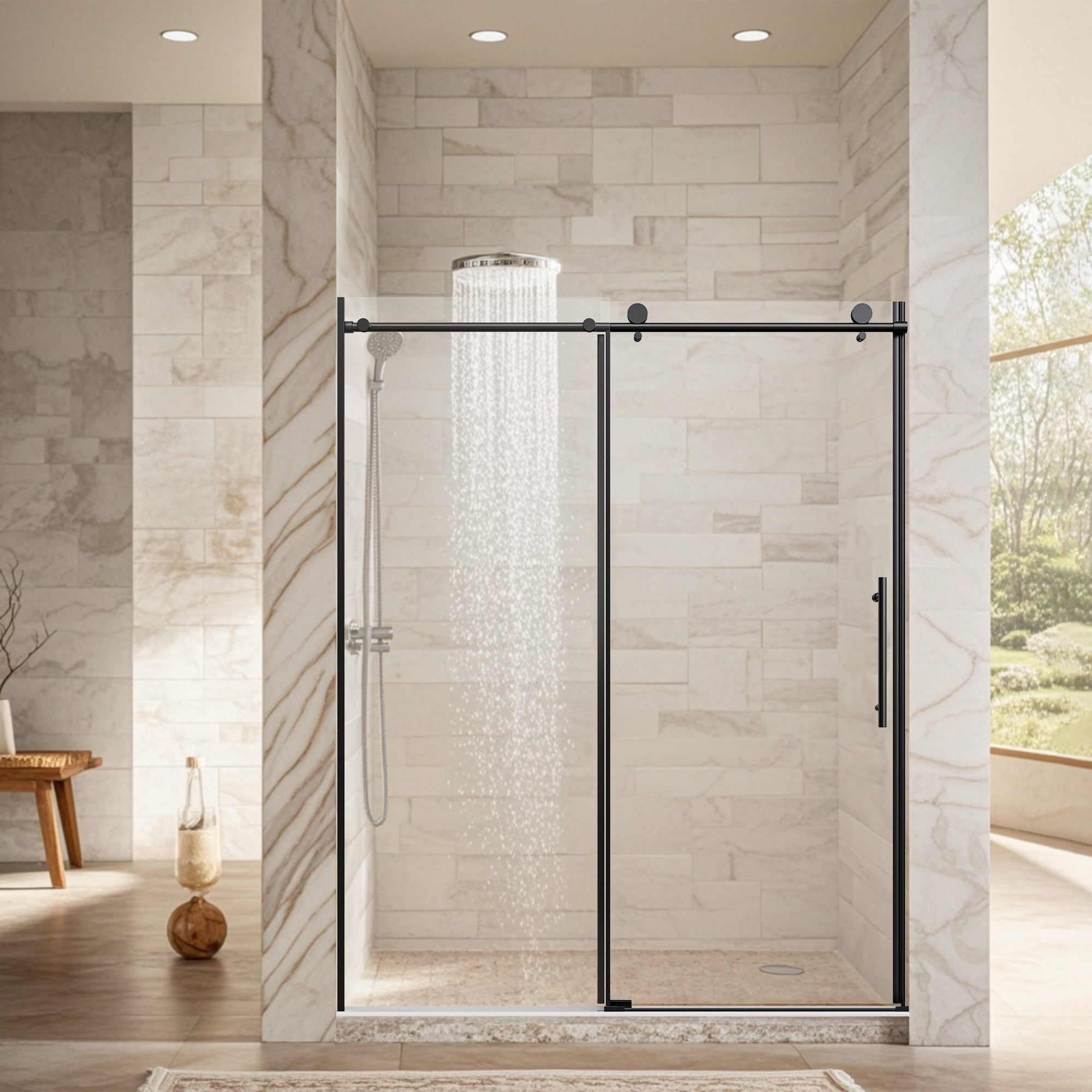 3/8-inch frameless sliding shower door with matte black hardware