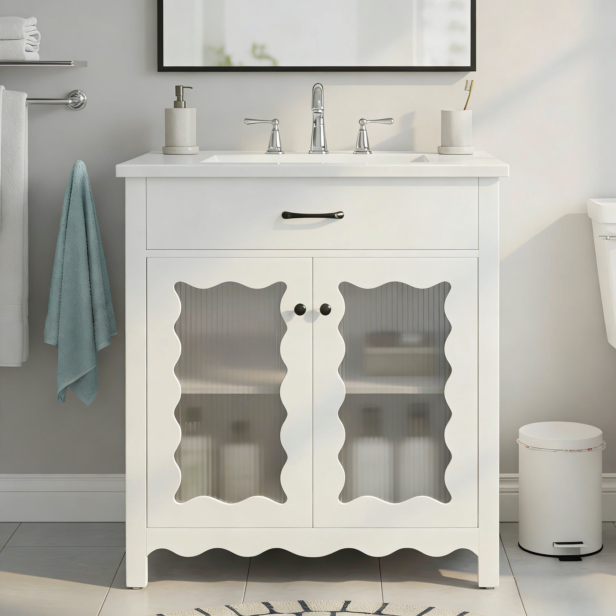 White bathroom vanities with ceramic sinks