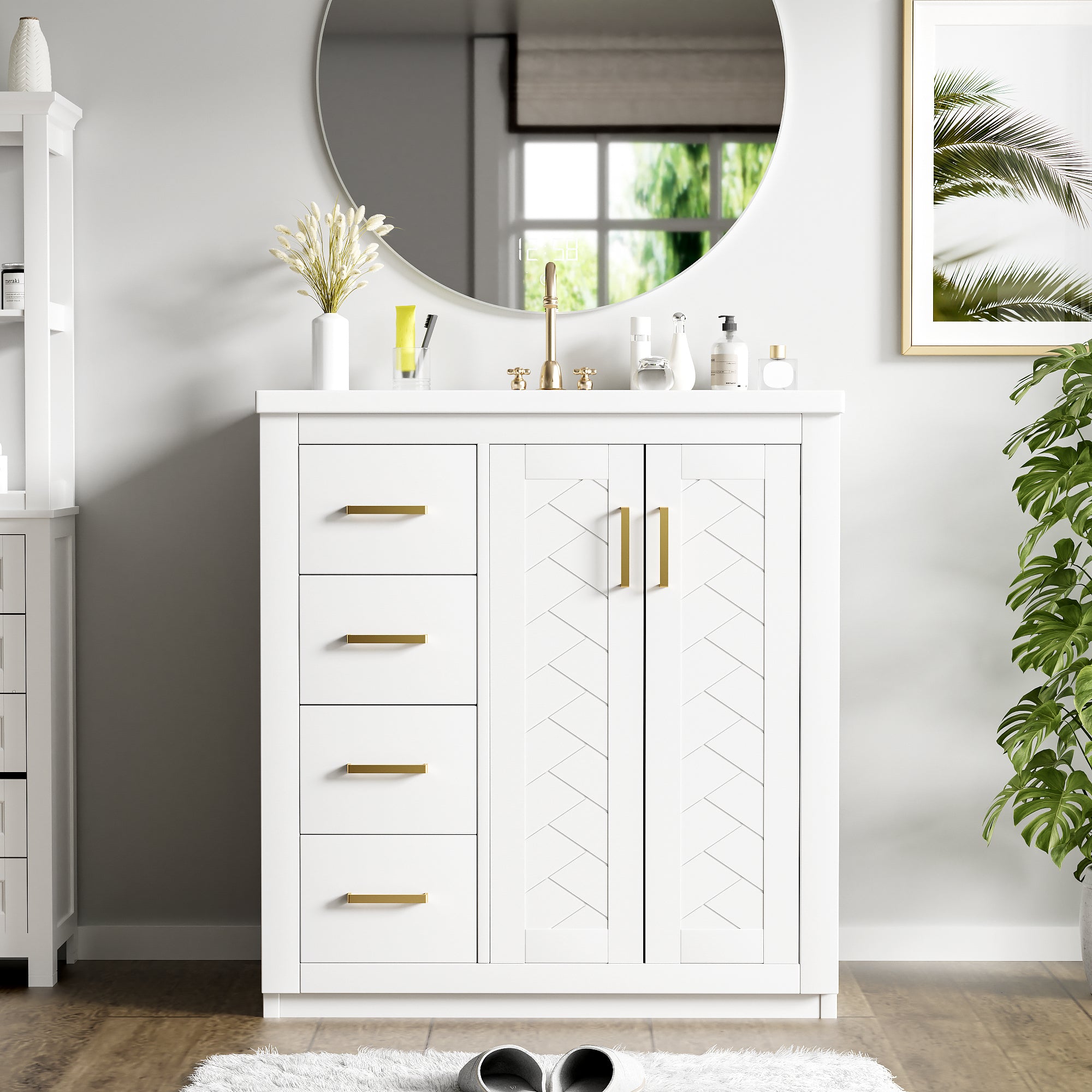 Solid wood bathroom vanity with ceramic sink, soft-closing doors detail