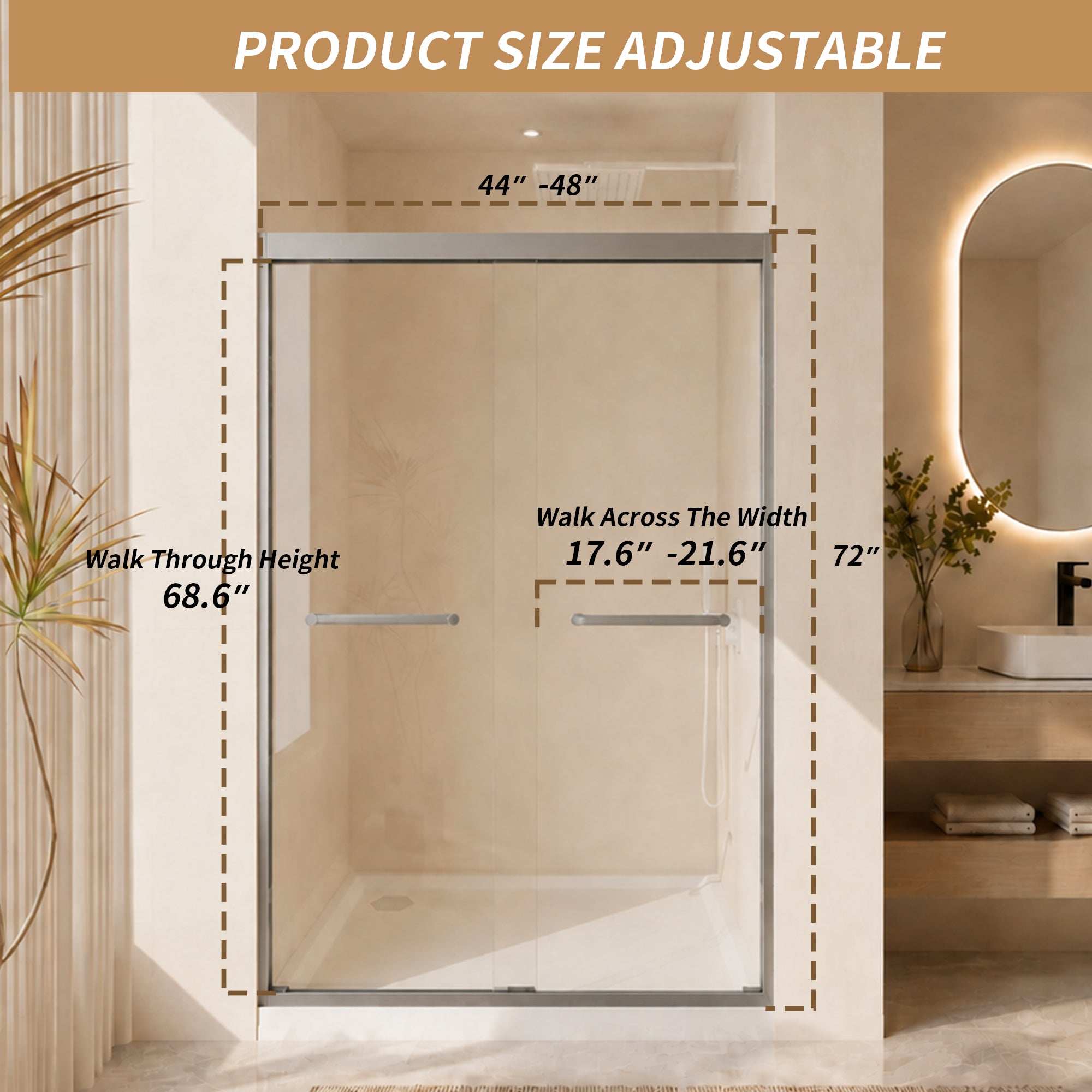 44-60 x 72 in Aluminum Frame Double Sliding Shower Door - 44-48 x 72 in / Gun Ash / 5/16 in Glass view 5