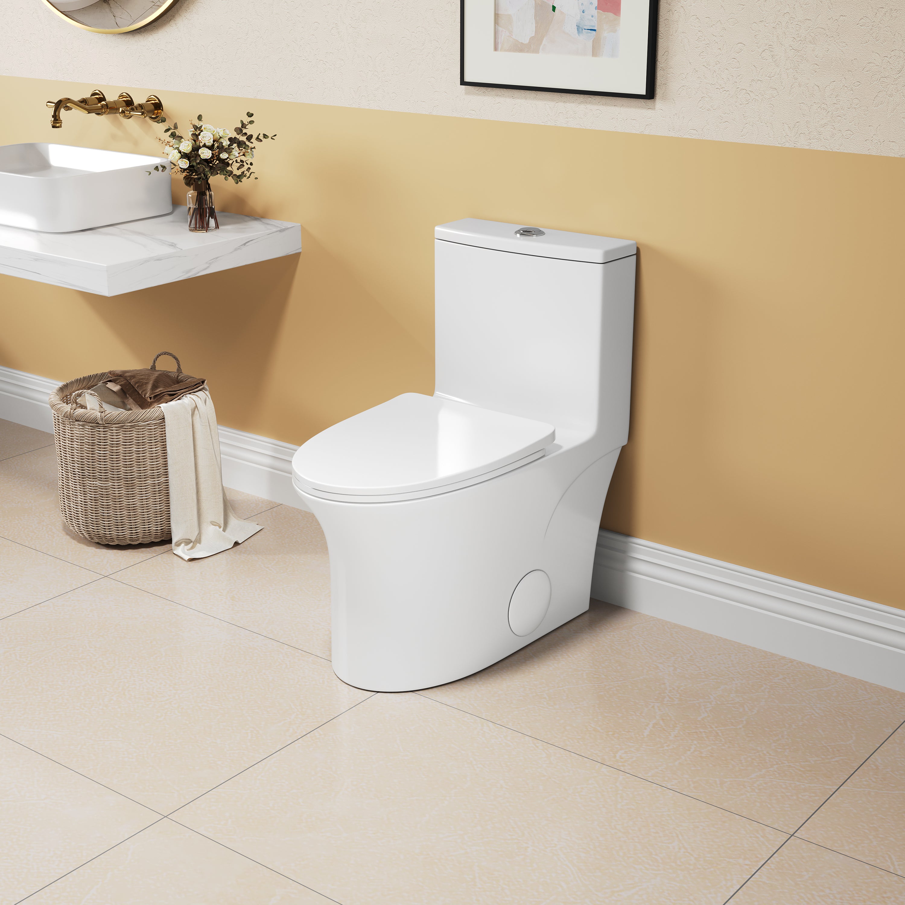 1.1/1.6 GPF Elongated Comfort Height Floor Mounted One-Piece Toilet, CUPC Certified, WaterSense Cetified, Ceramic, White Color, Soft Close Seat T039WT