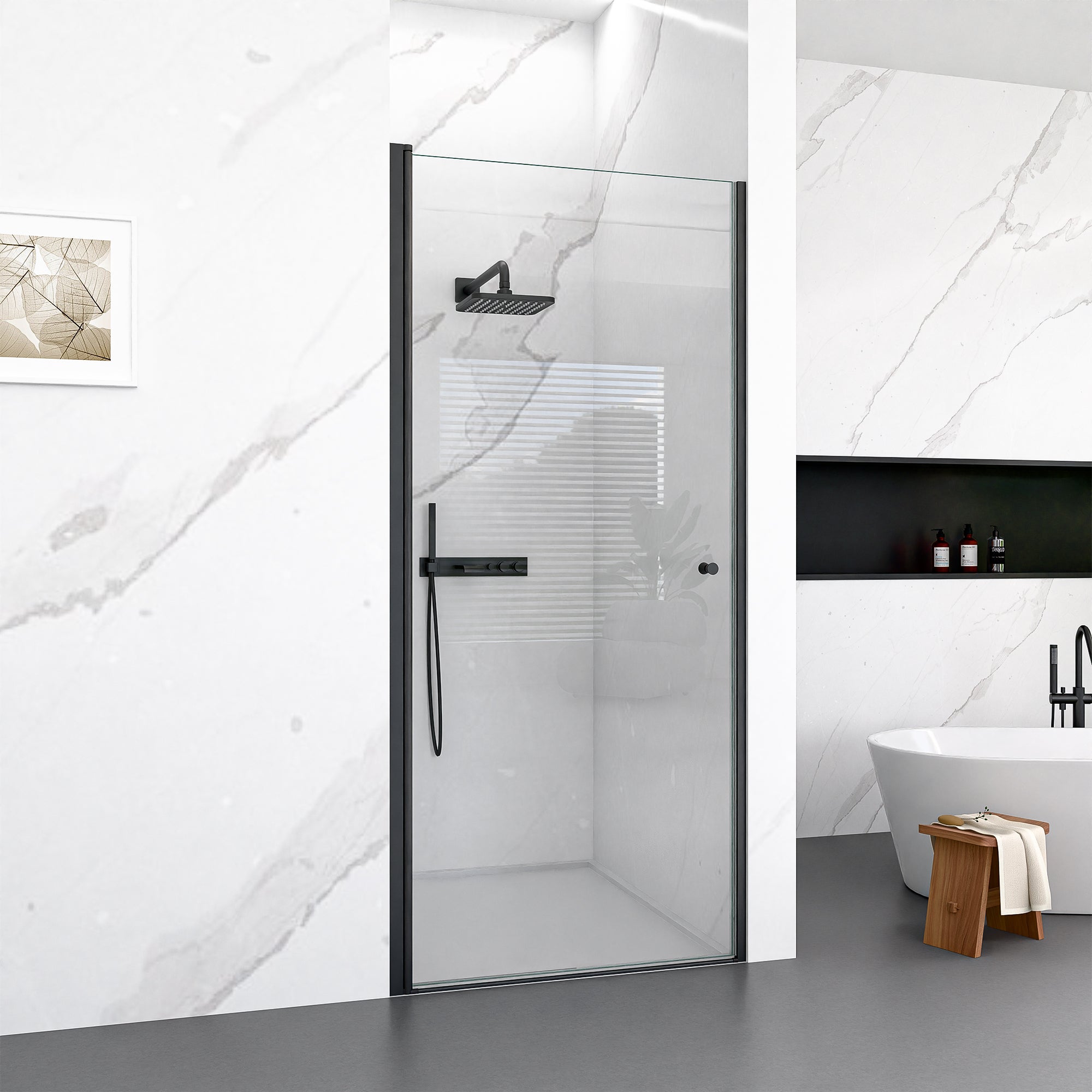 Frameless pivot shower door 32 in by 72 in matte black installed view