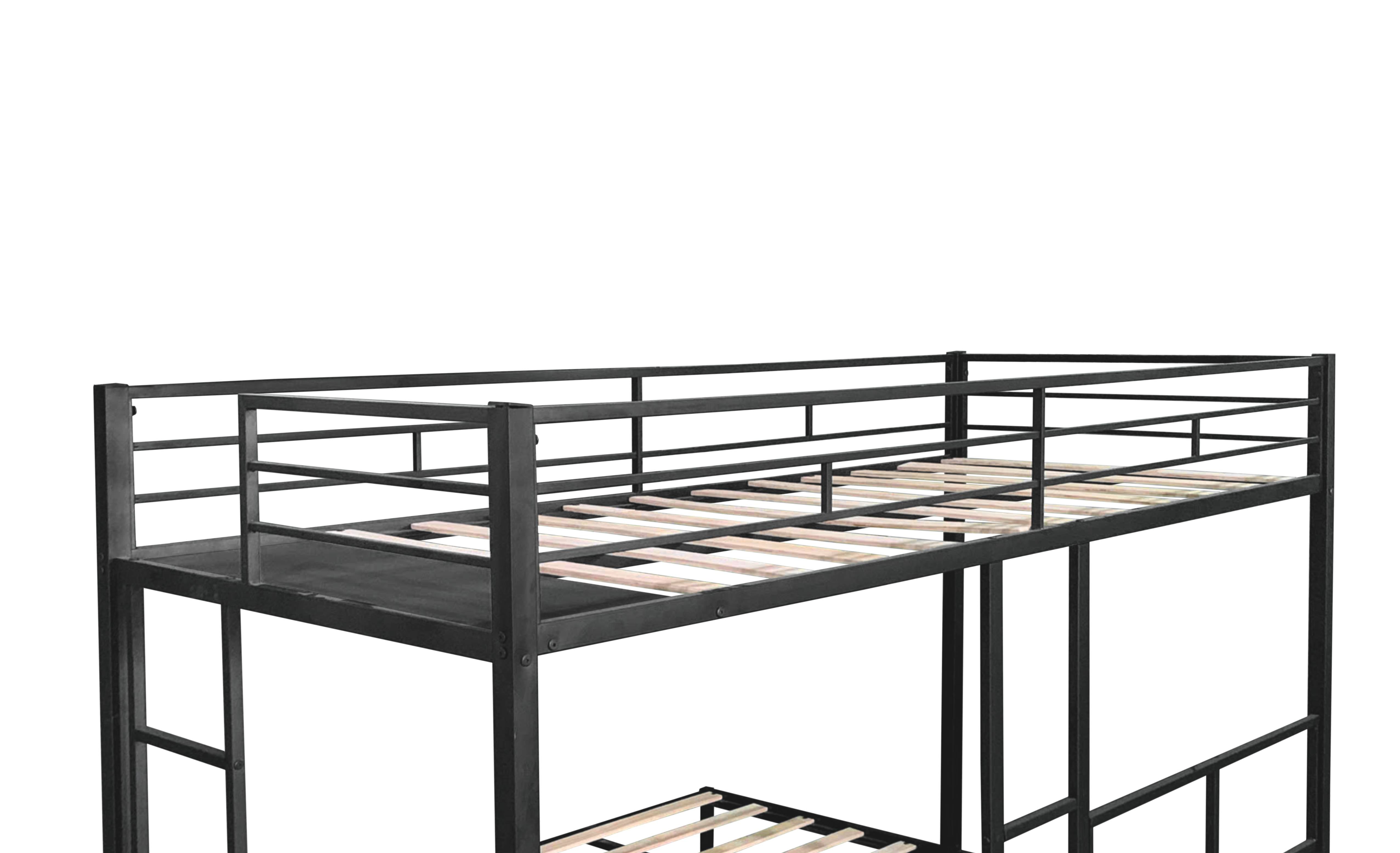 Triple bunk bed metal frame in shared bedroom setting