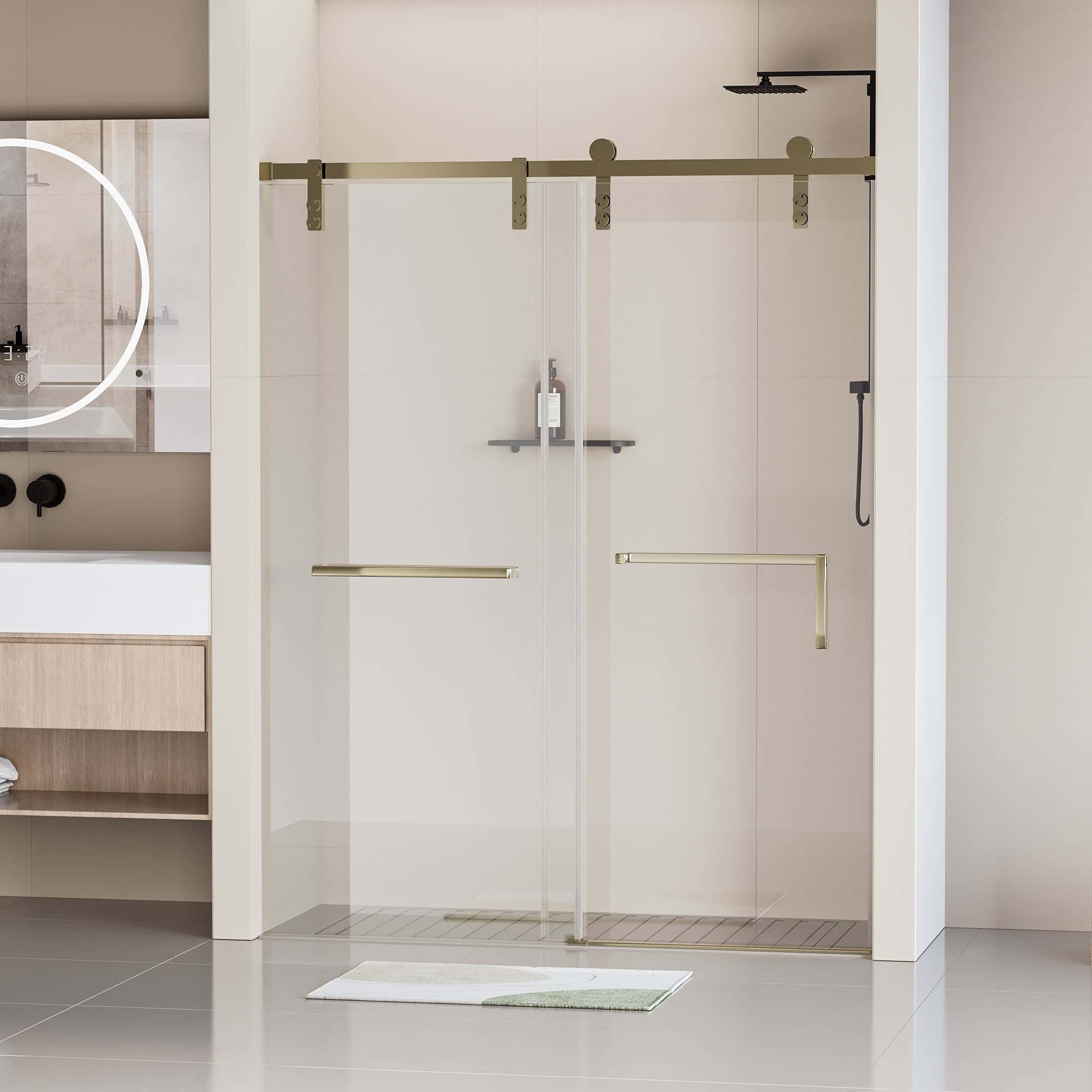60" W x 76" H Frameless Soft-closing Shower Door, Single Sliding 5/16" (8mm) Clear Tempered Glass Shower Door with Explosion-Proof Film, Stainless Steel Hardware, Gold 24D211-60G-COMBO