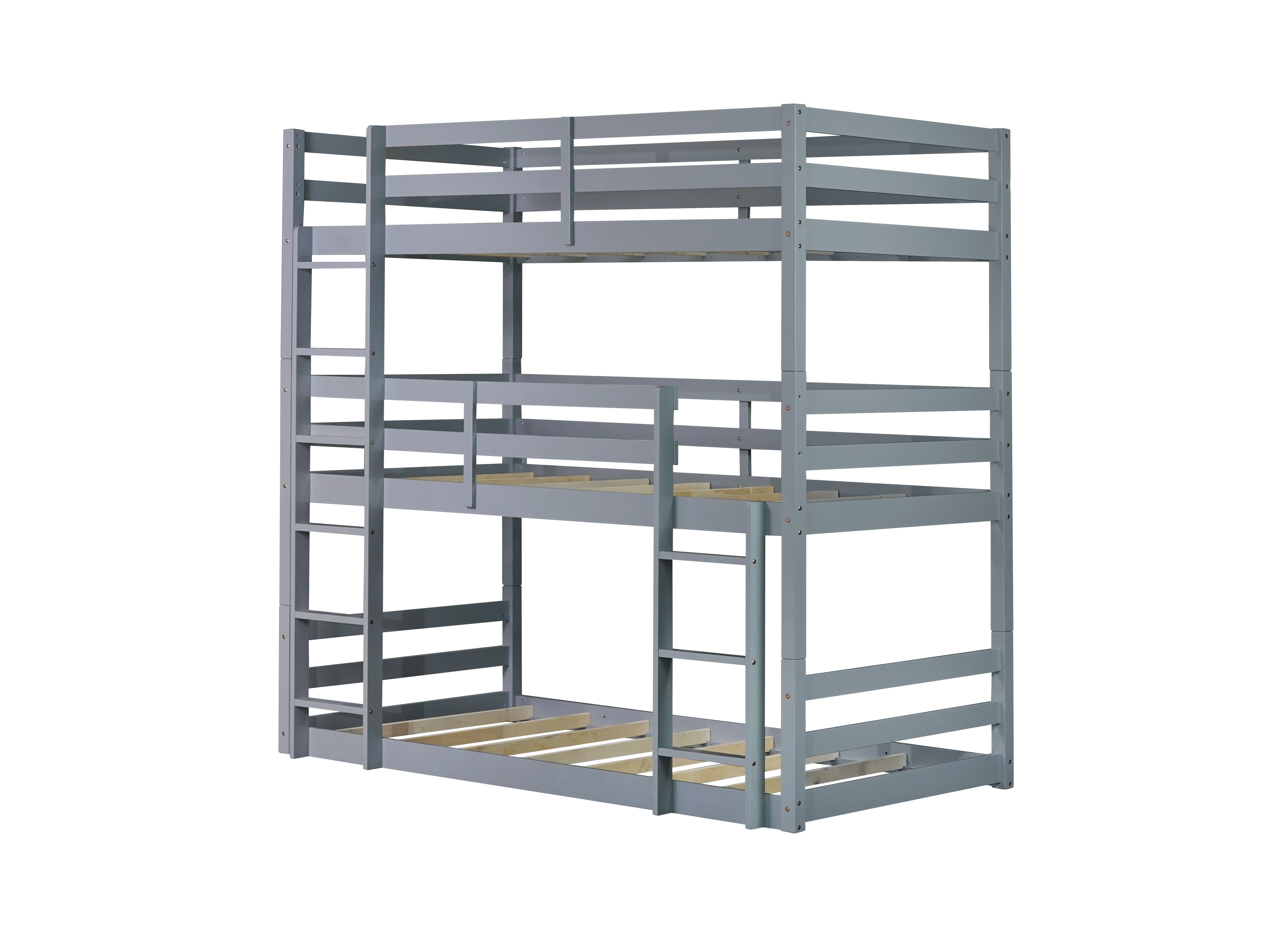 Three gray twin beds separated from triple bunk