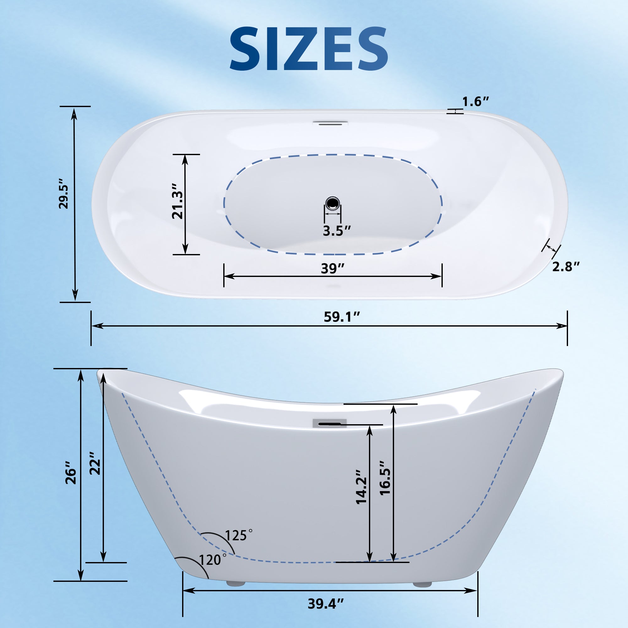 59-inch freestanding soaking tub gloss white, interior basin view