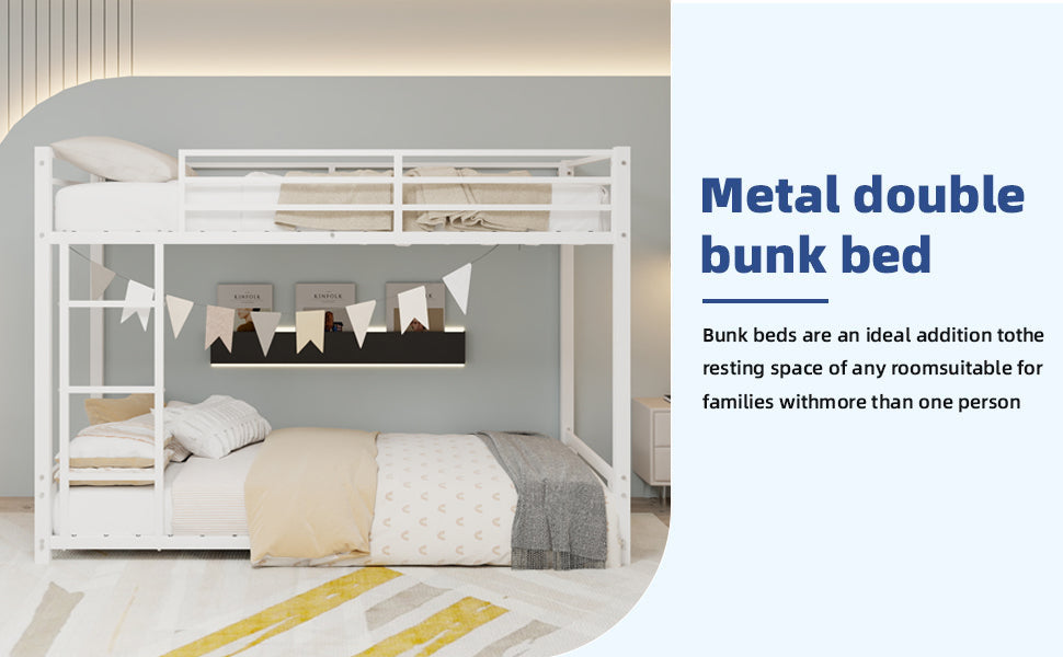 White metal bunk bed twin over twin, top bunk safety guardrail detail