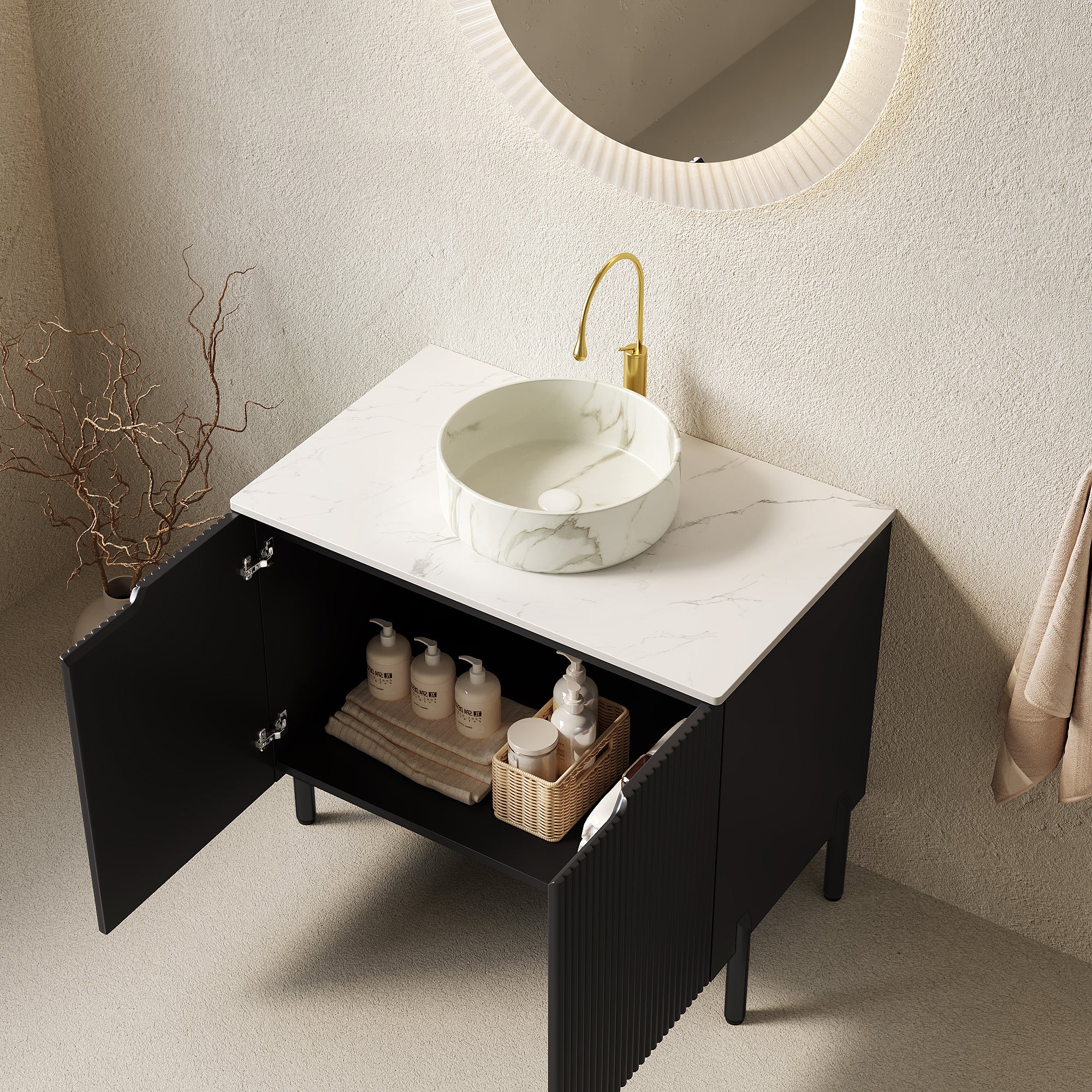 30-inch black bathroom vanity, Carrara white countertop with round basin, angled view
