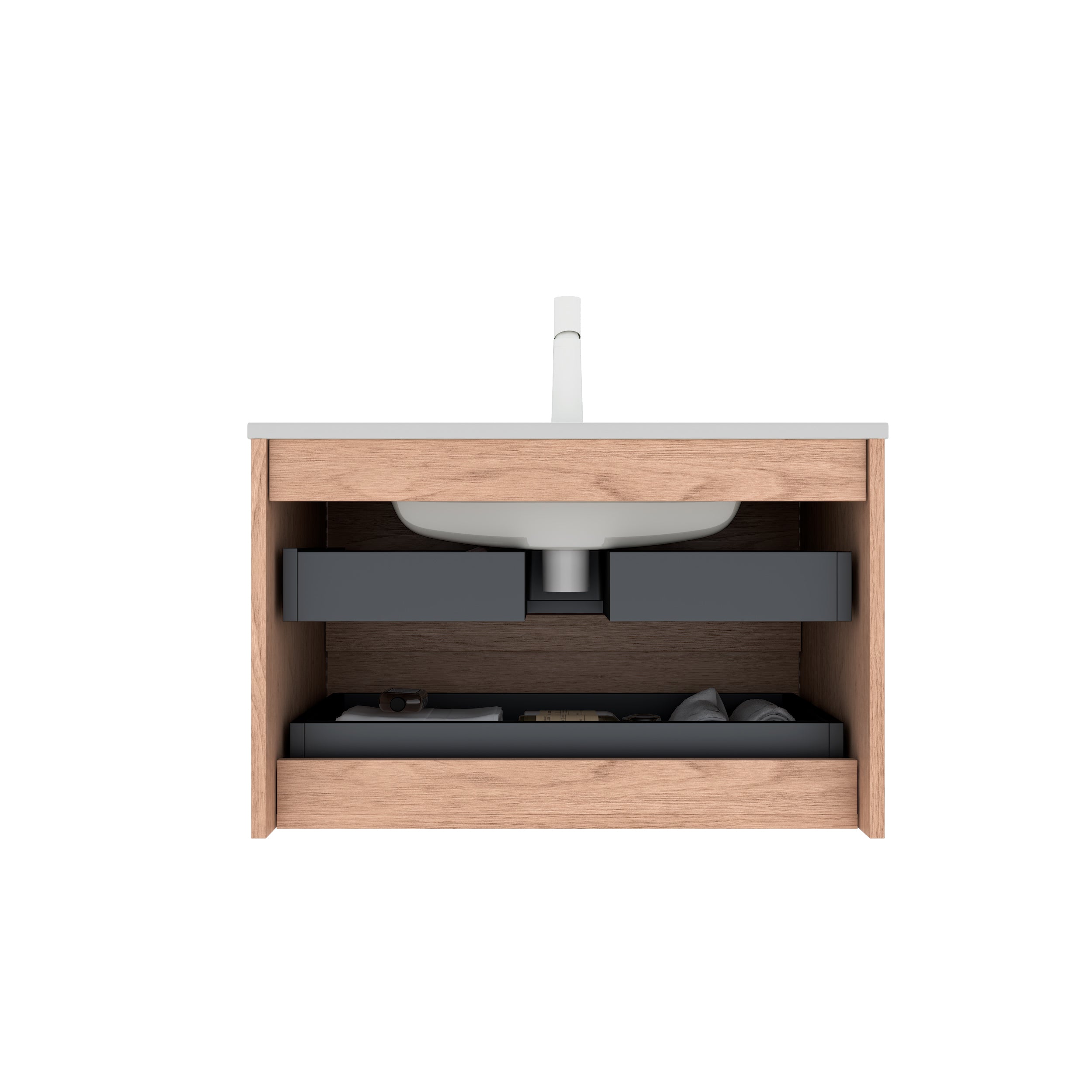 BRON 30" Bathroom Vanity with Sink, Modern Wall-Mounted Floating Plywood Bathroom Storage Cabinet with 2 Drawers, White Ceramic Basin with Sink Hole Cover and Drain, Pre-assembled, Natural Walnut