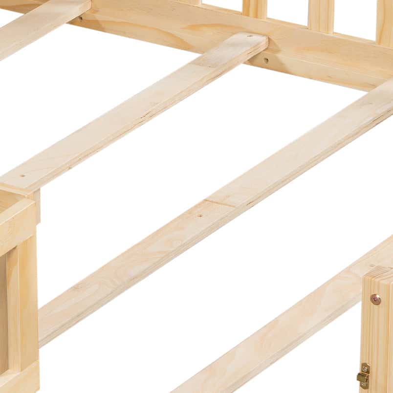 Full-size Montessori Floor Bed with Bookcases and Blackboards, Versatile Platform Beds with Guard rails, Solid Wood Floor Beds with Storage Headboards, Floor Beds for Kids and Teens  Natural