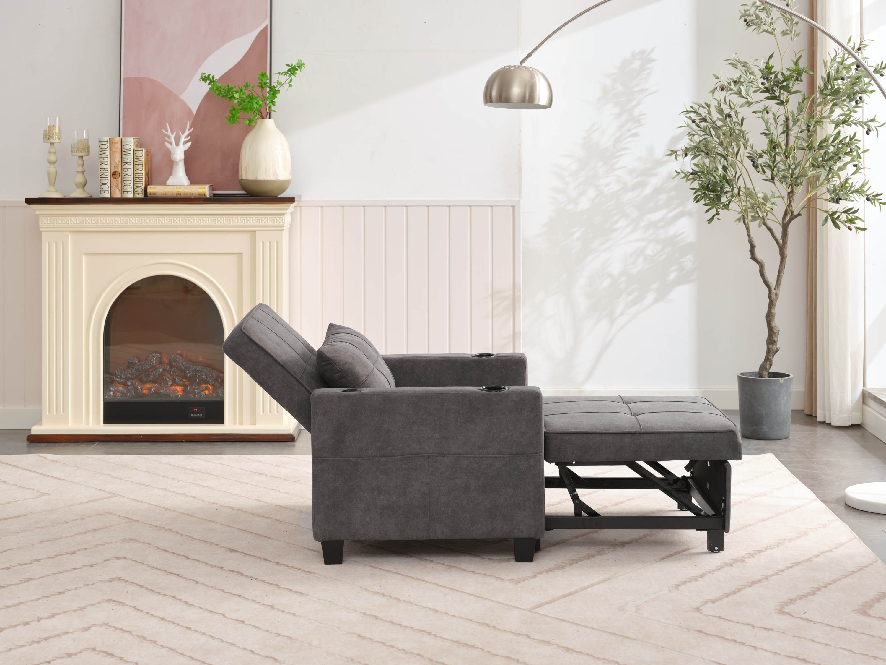 Futon Chair Bed Convertible Chair 3-in-1 Pull Out Sleeper Chair Beds with USB Ports,Wear-resistant and Anti-scratch, Armchair Bed Sleeper for Living Room (Dark Grey Scratch Cloth)