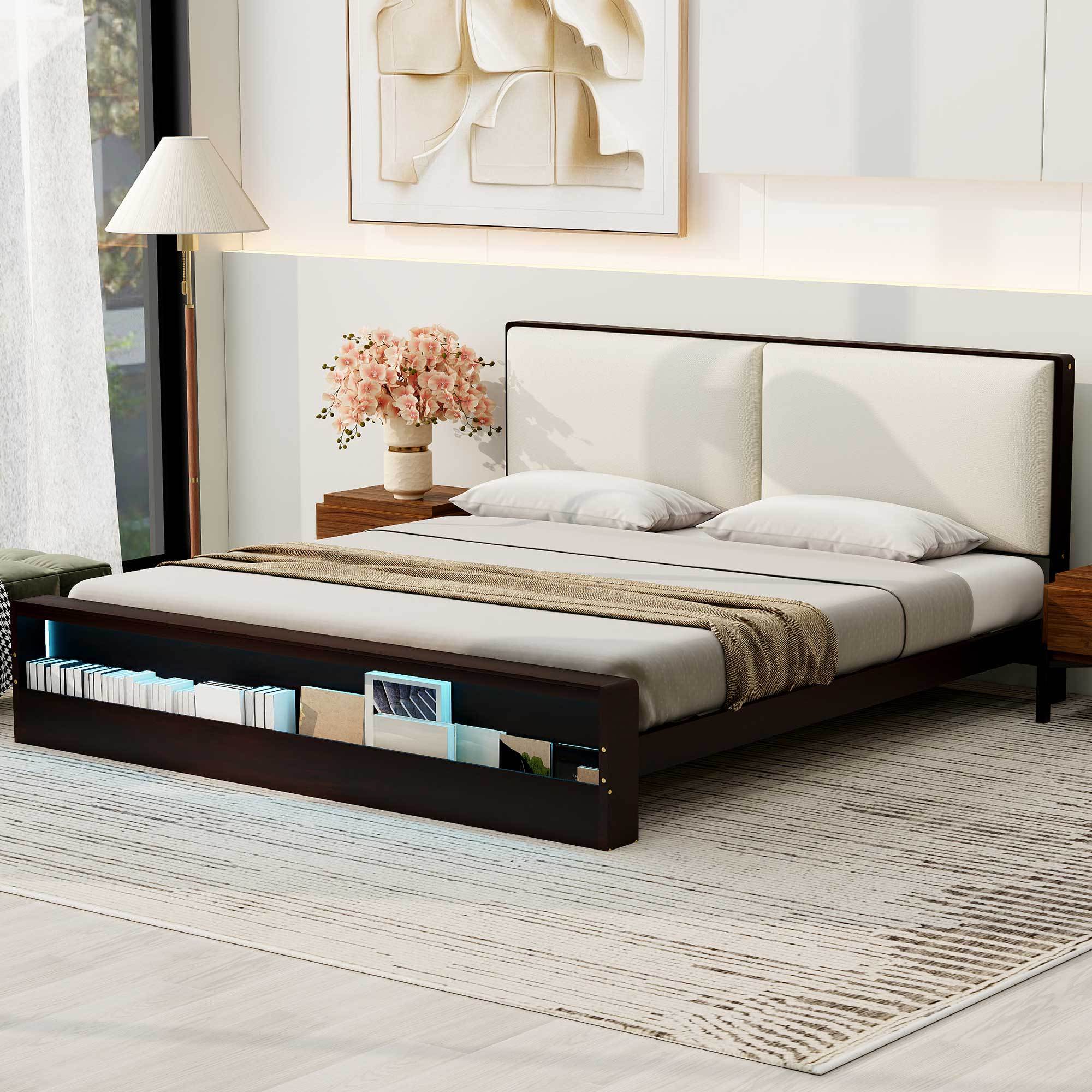 King Size Platform Bed Frame with Upholstery Headboard and Bookshelf in Footboard and LED Light Strips, Espresso