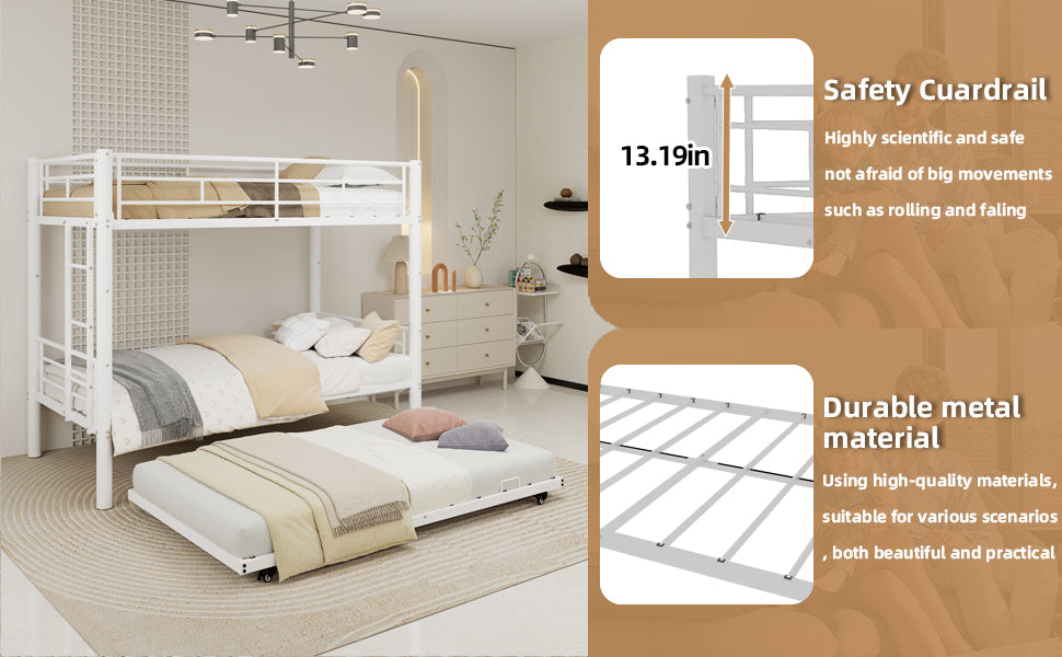 White twin metal triple bunk bed, iron frame detail
