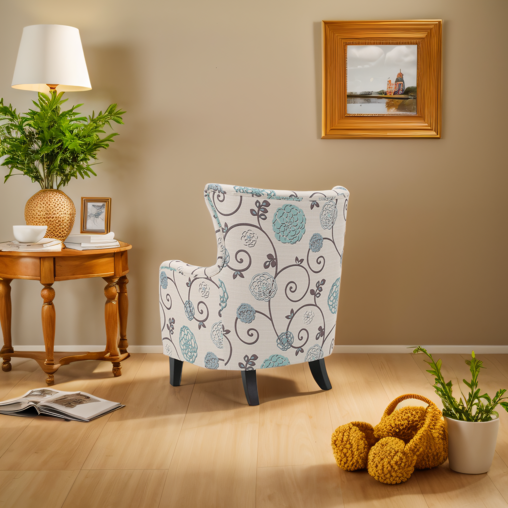 Elegant Vintage Fabric Club Chair, White and Blue Floral Pattern, Stylish Armchair for Classic Home Decor, Comfortable Seating for Relaxing Evenings