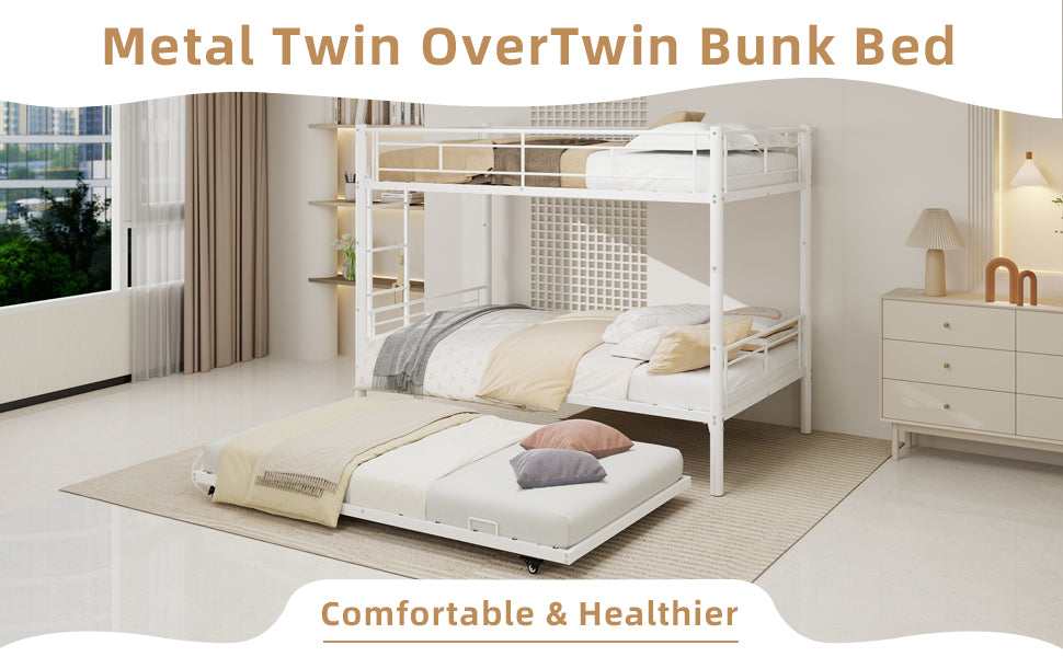 White twin metal triple bunk bed, full frame in room setting