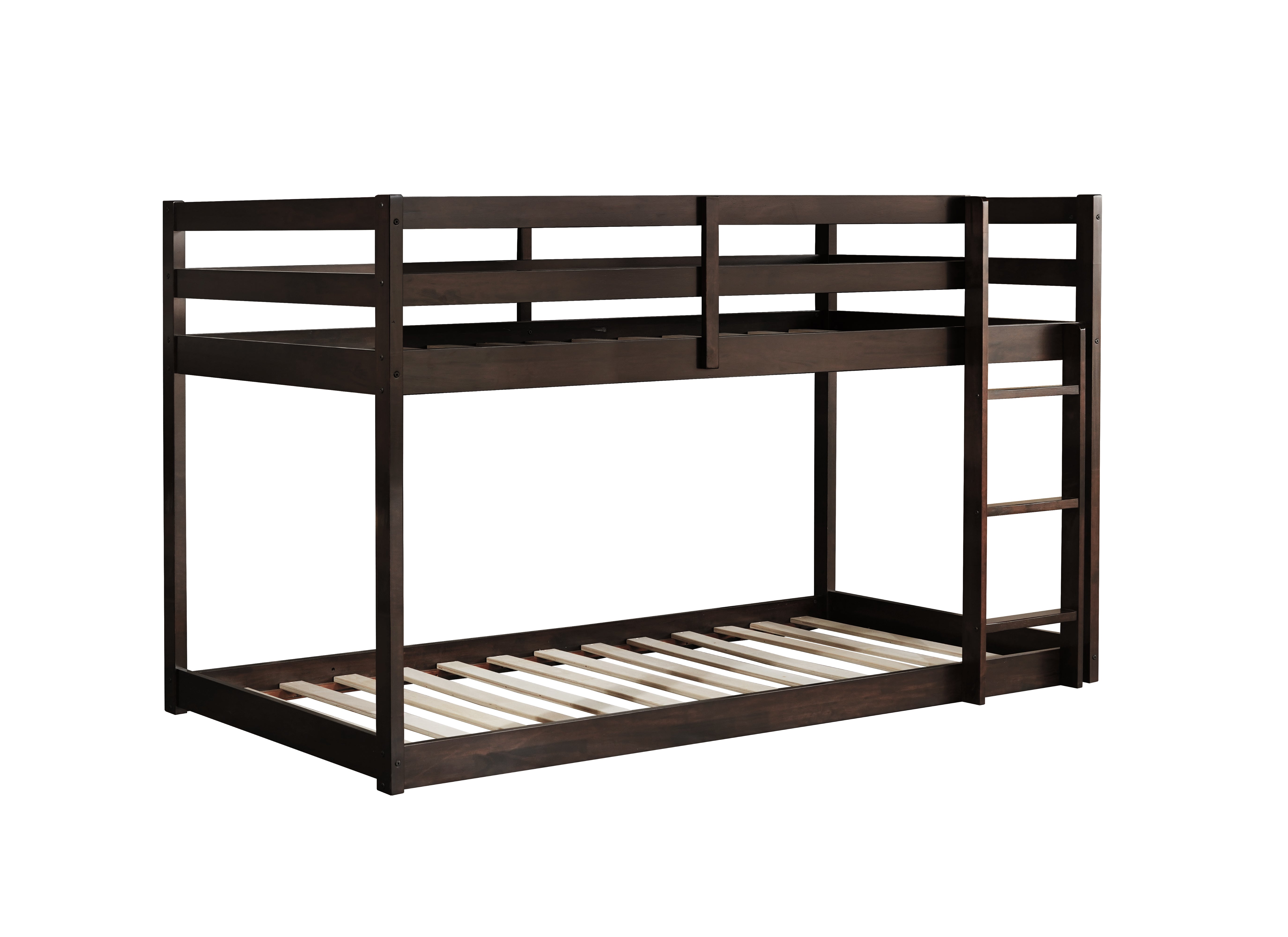 Espresso solid wood twin over twin floor bunk bed with ladder, front view