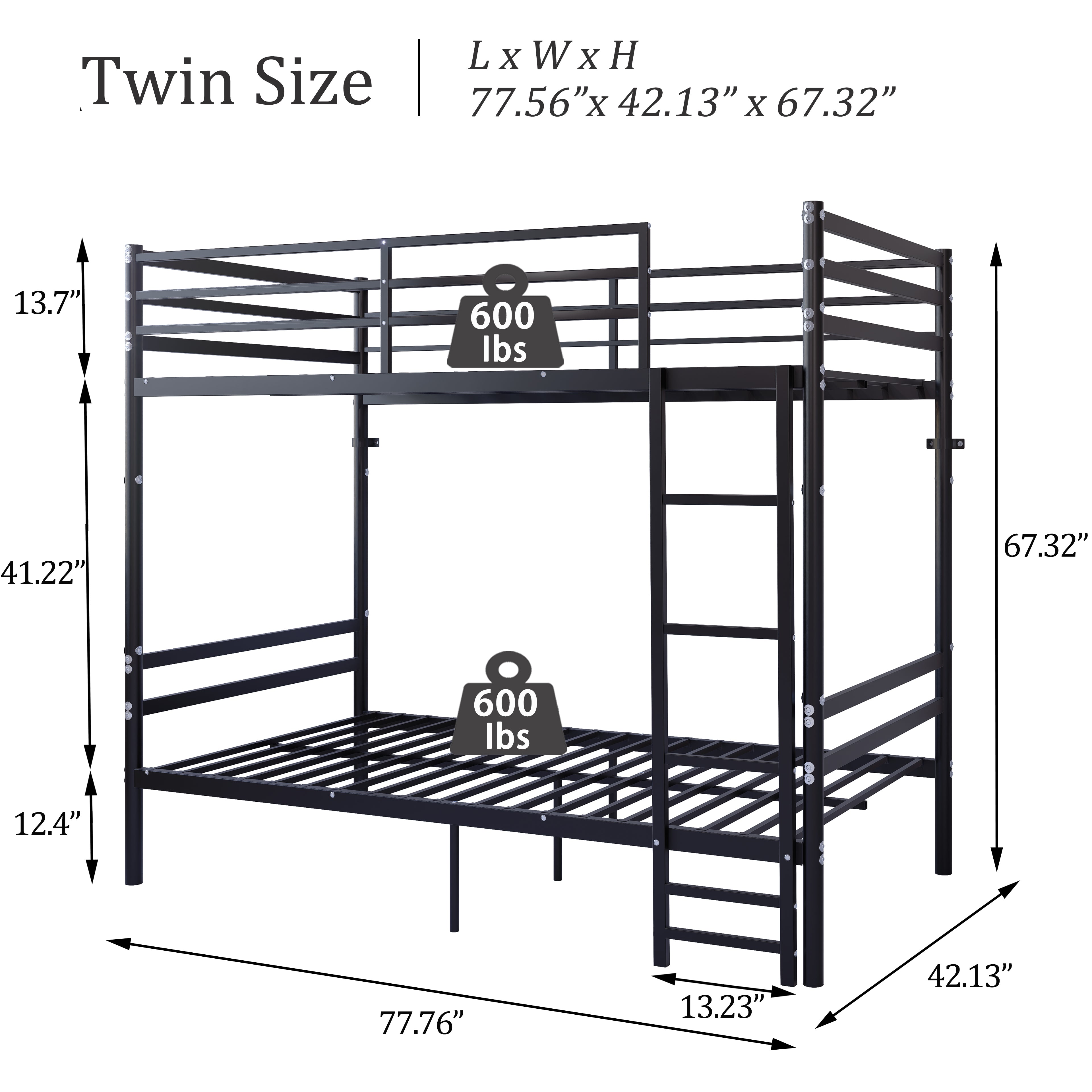 Black twin over twin bunk bed angled view showing guardrail and ladder