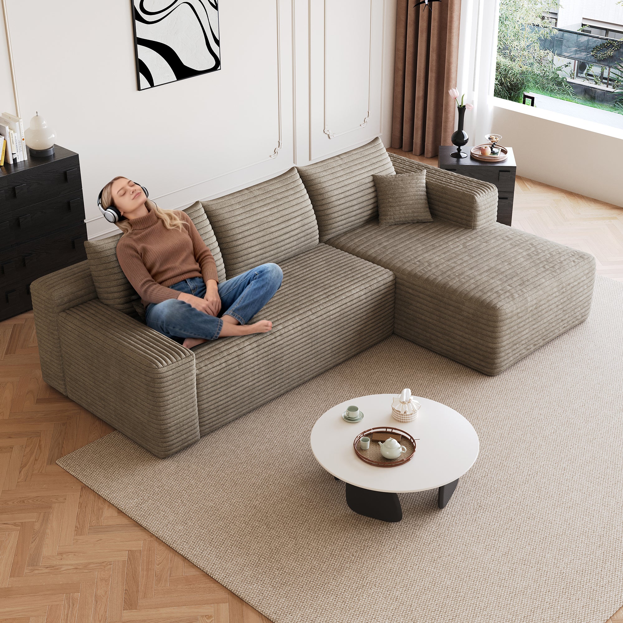 Camel corduroy U-shaped sectional sofa, 95 inch, front view
