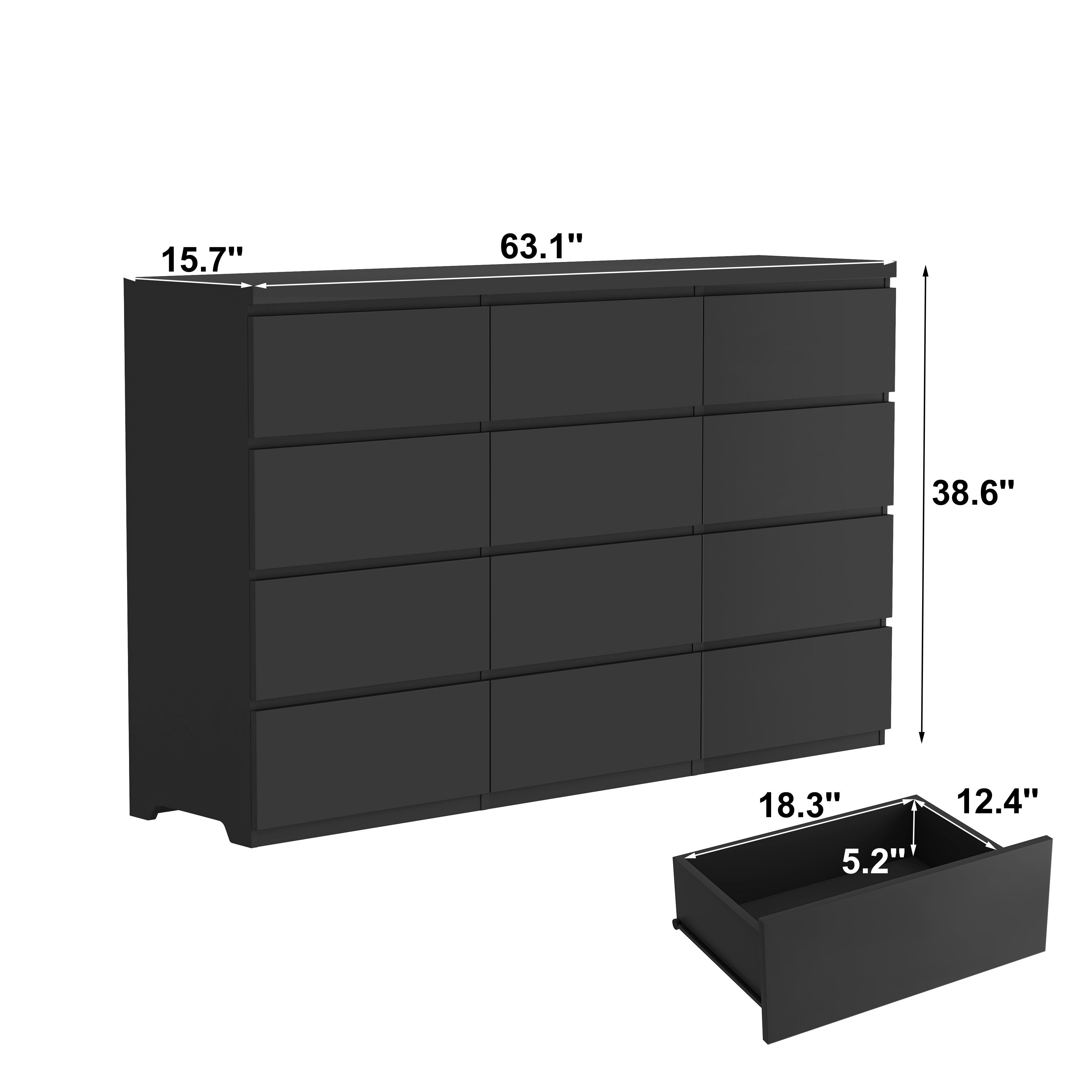 Black 12-drawer double dresser, angled view
