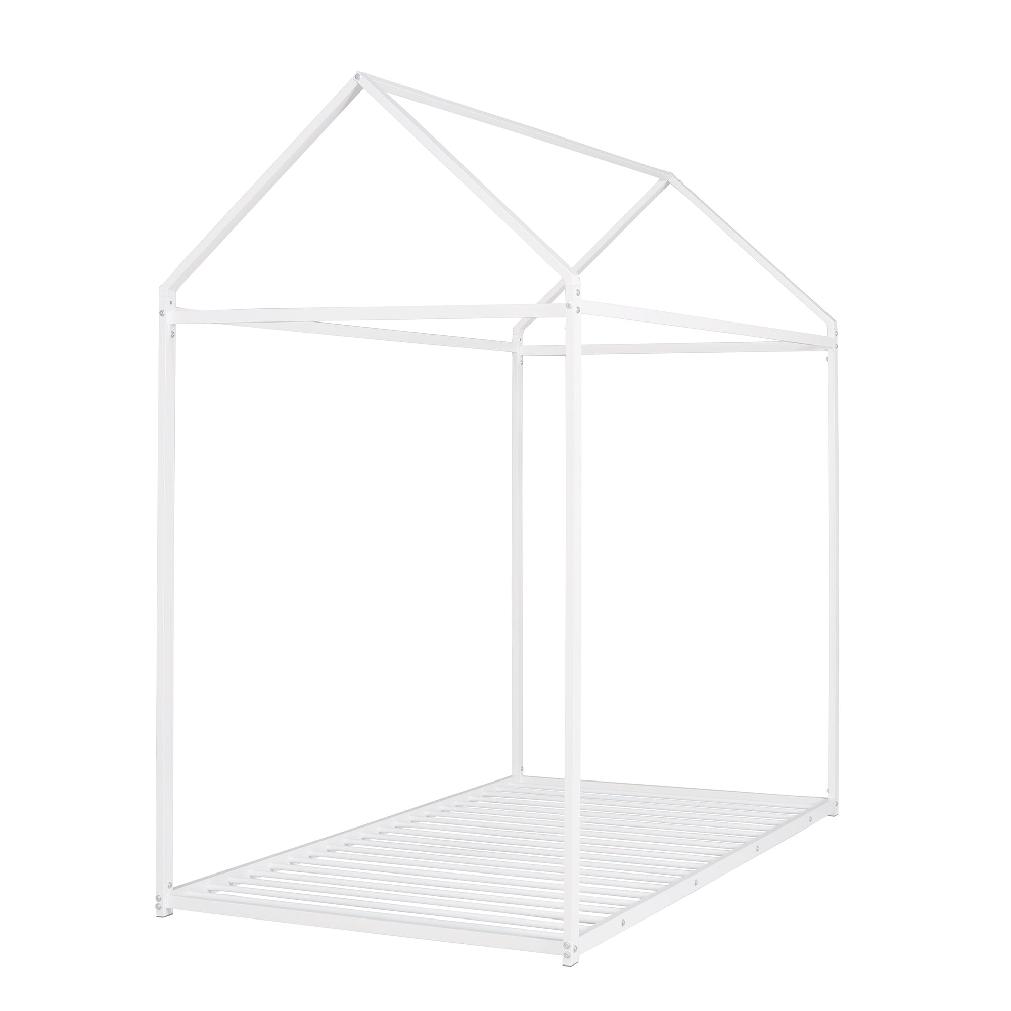 House Bed Frame Twin Size , Kids Bed Frame Metal Platform Bed Floor Bed for Kids Boys Girls No Box Spring Needed White