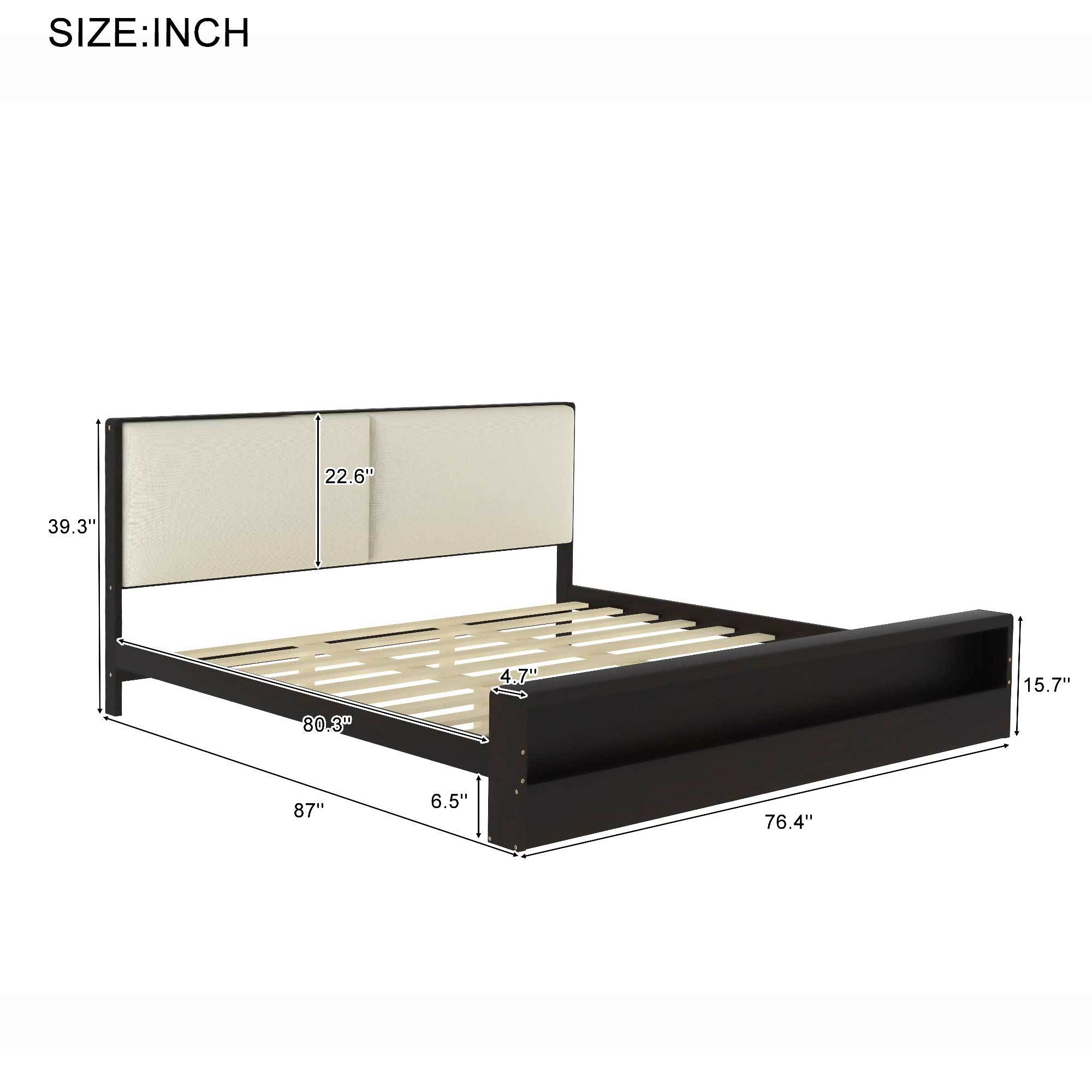King Size Platform Bed Frame with Upholstery Headboard and Bookshelf in Footboard and LED Light Strips, Espresso