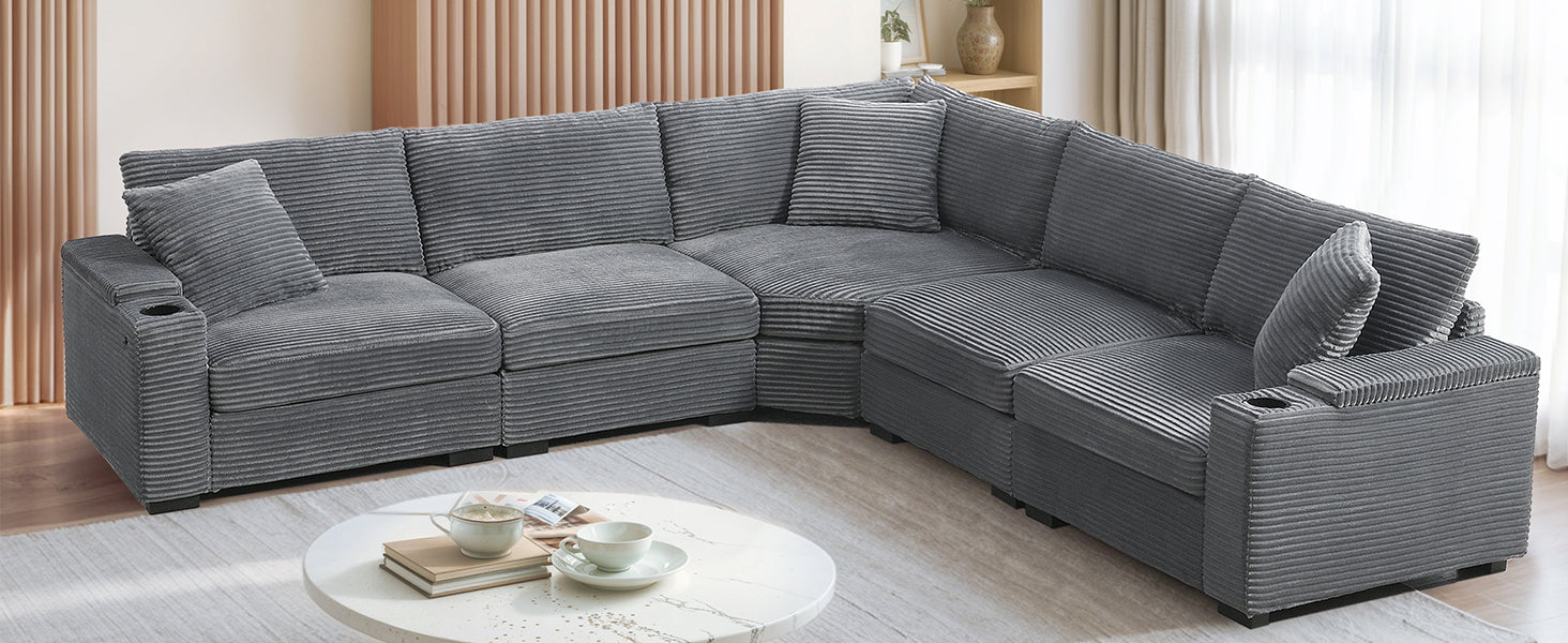 L-shaped corduroy sectional sofa showing armrest storage detail