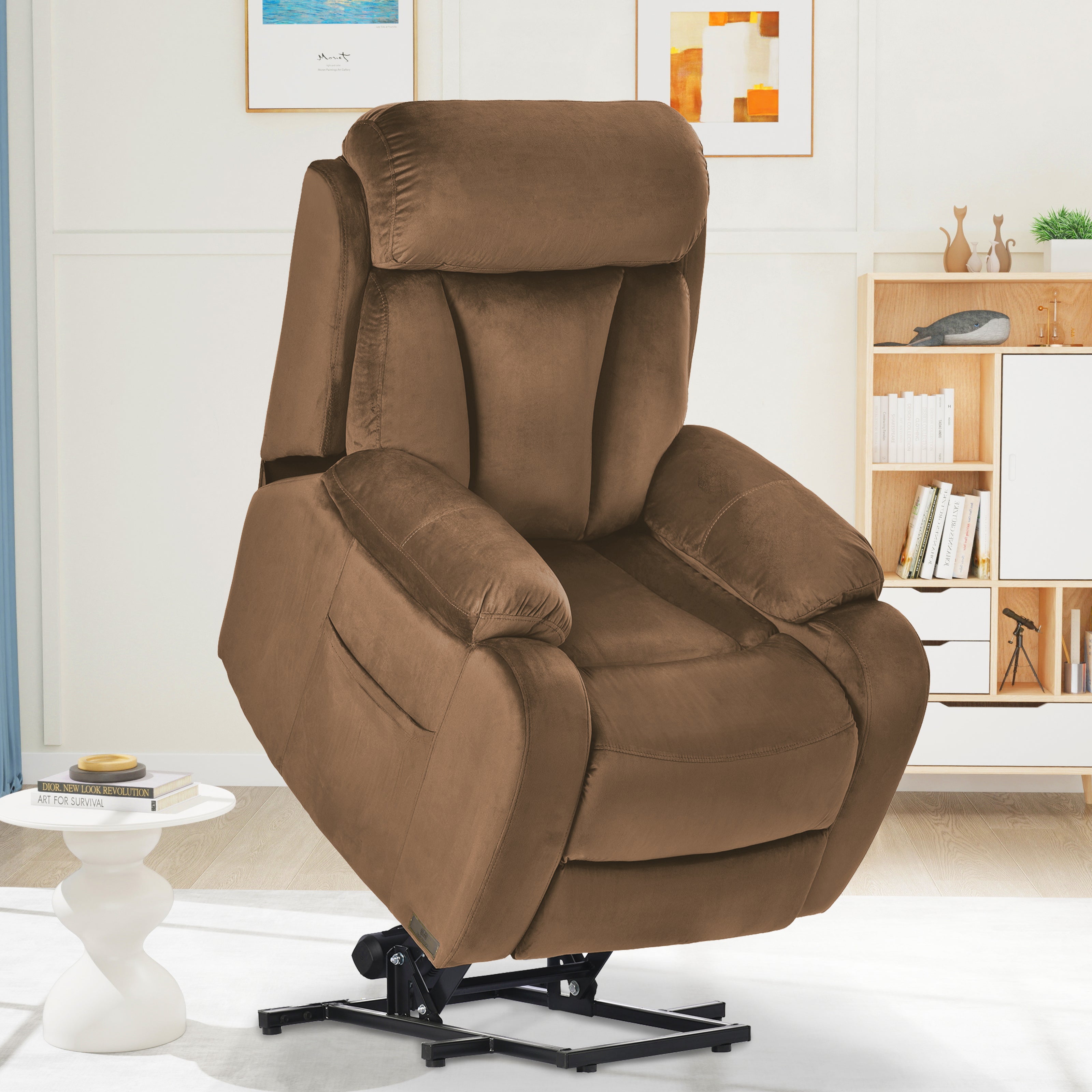 Brown cashmere fabric single-seat lift recliner, angled view