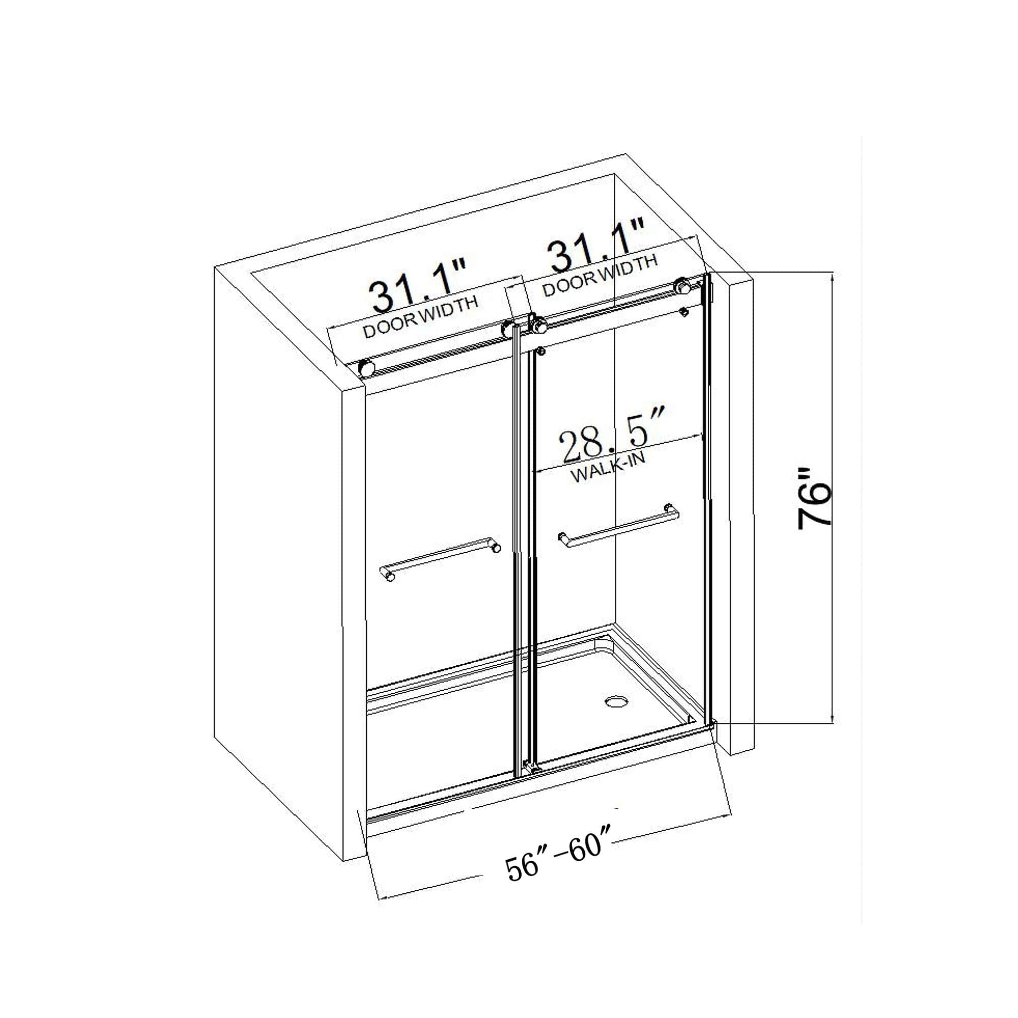 56-60"W x 76"H Double Sliding Frameless Shower Door in Brushed Nickel with Soft-Closing and 3/8 Inch Clear Glass