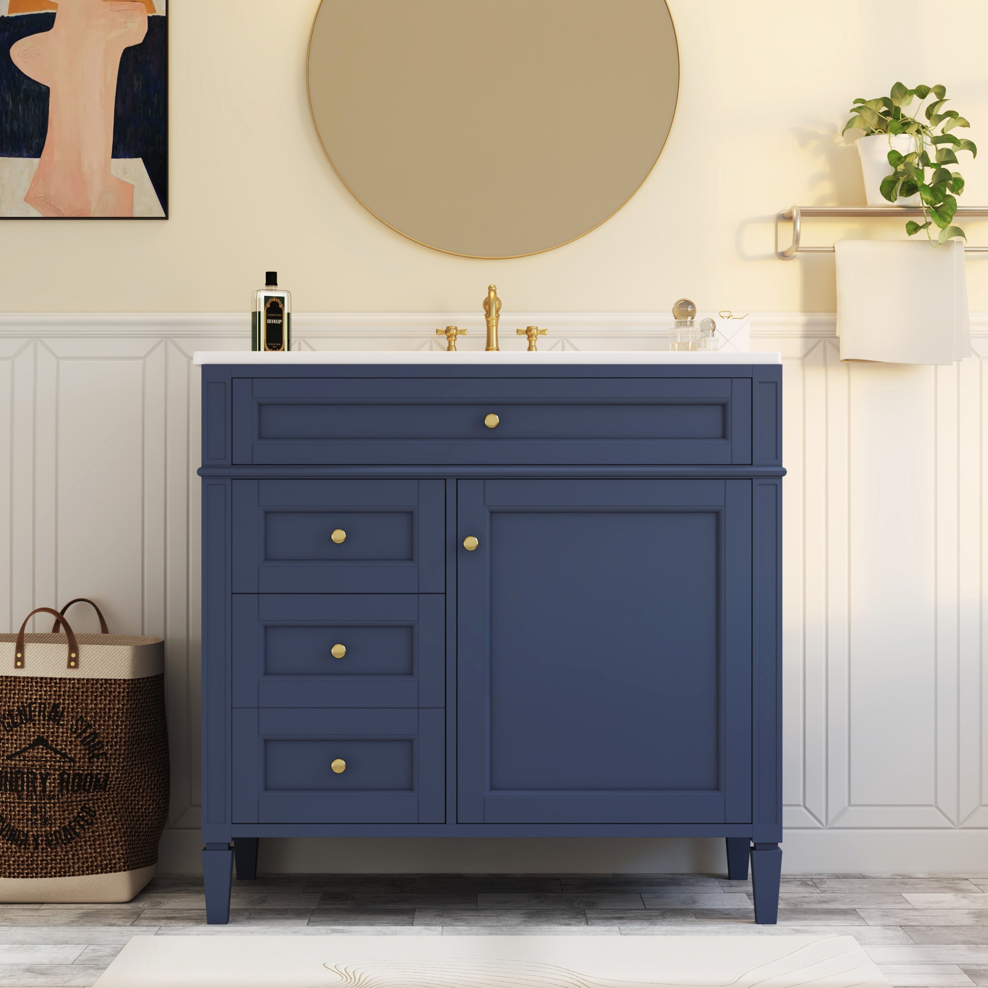 36 inch modern bathroom vanity with countertop sink, angled view