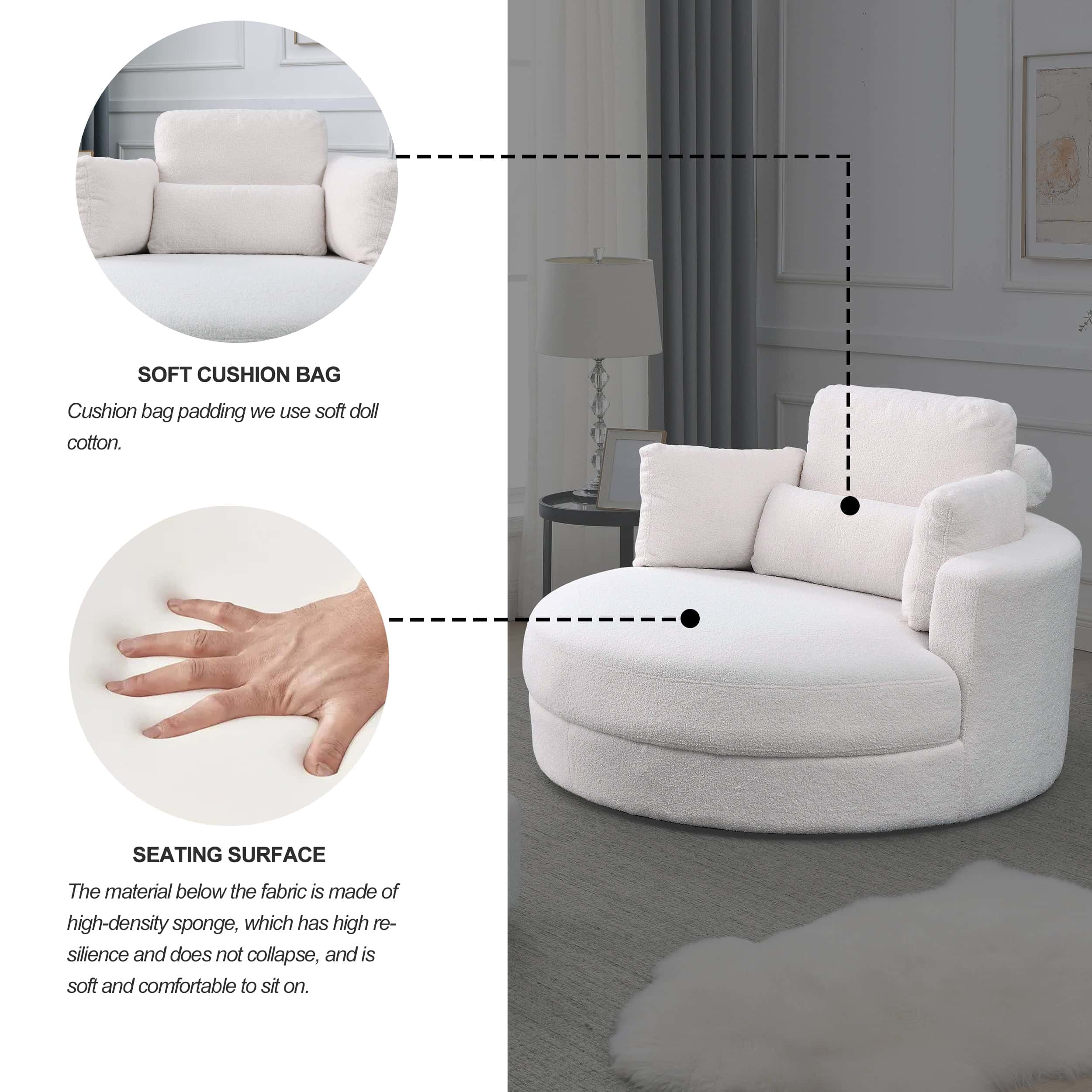 Welike Swivel Accent Barrel Modern Sofa Lounge Club Big Round Chair with Storage Ottoman Linen Fabric for Living Room Hotel with Pillows,Teddy White (Ivory)