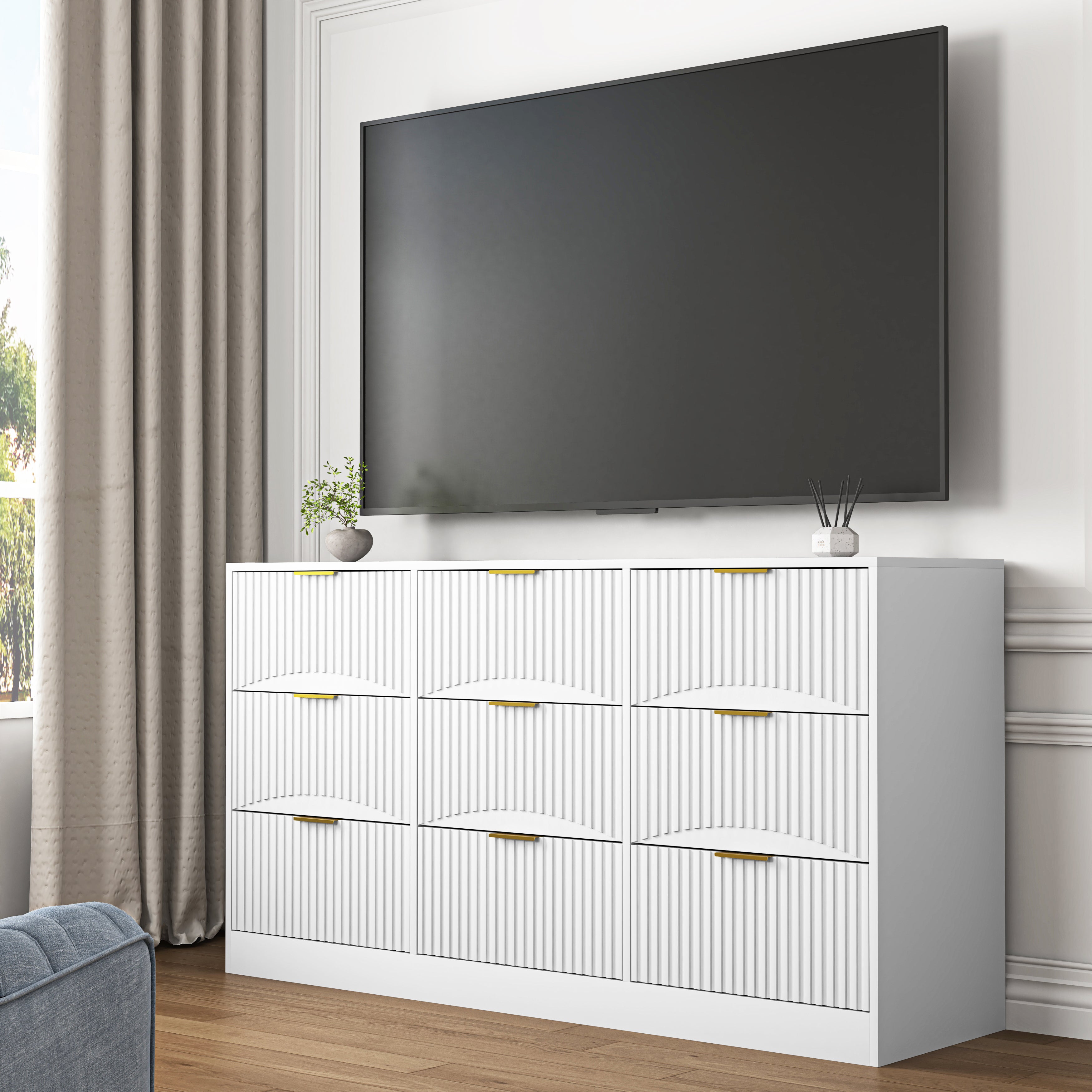 White 9-drawer wooden dresser with wavy drawer panels, angled view