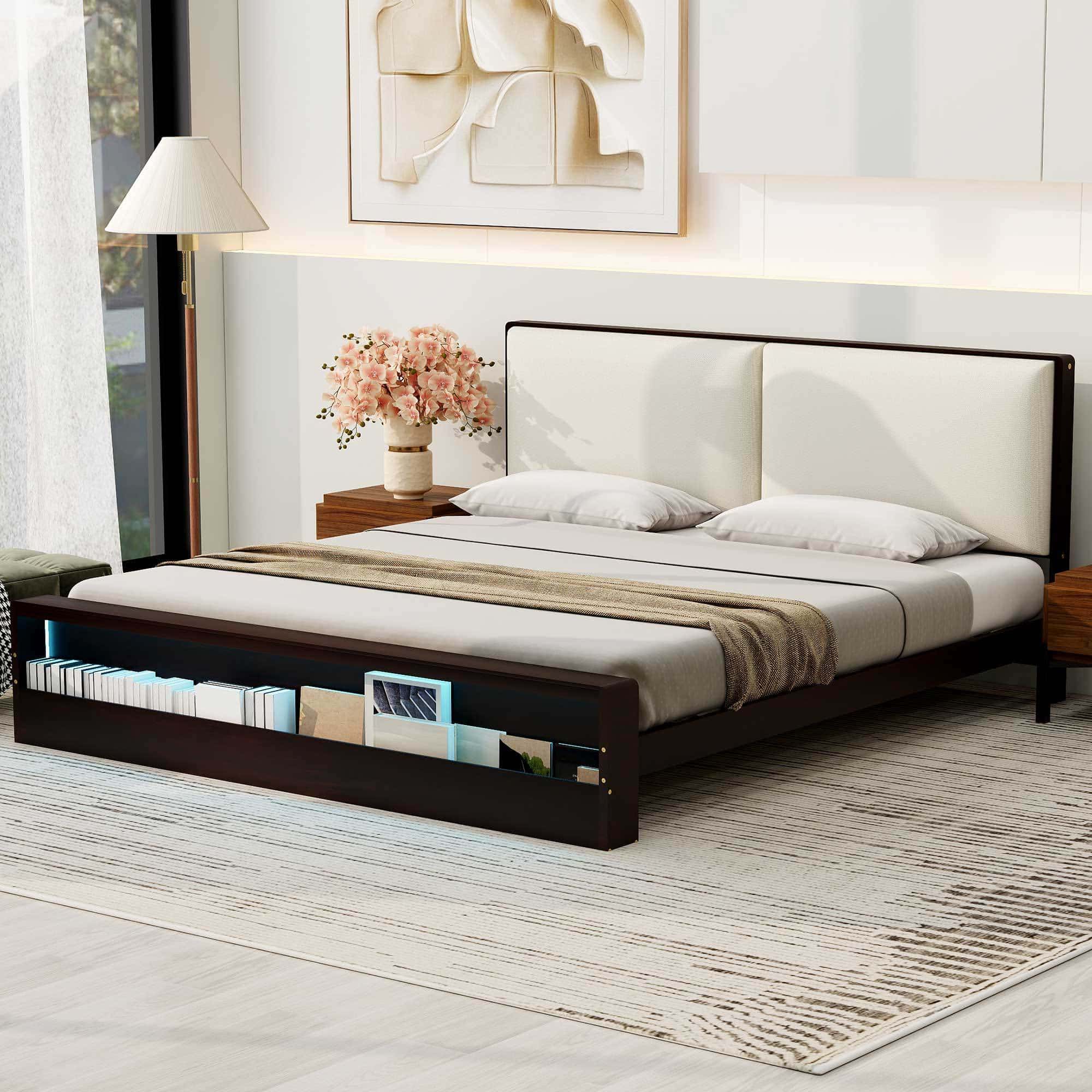 King Size Platform Bed Frame with Upholstery Headboard and Bookshelf in Footboard and LED Light Strips, Espresso