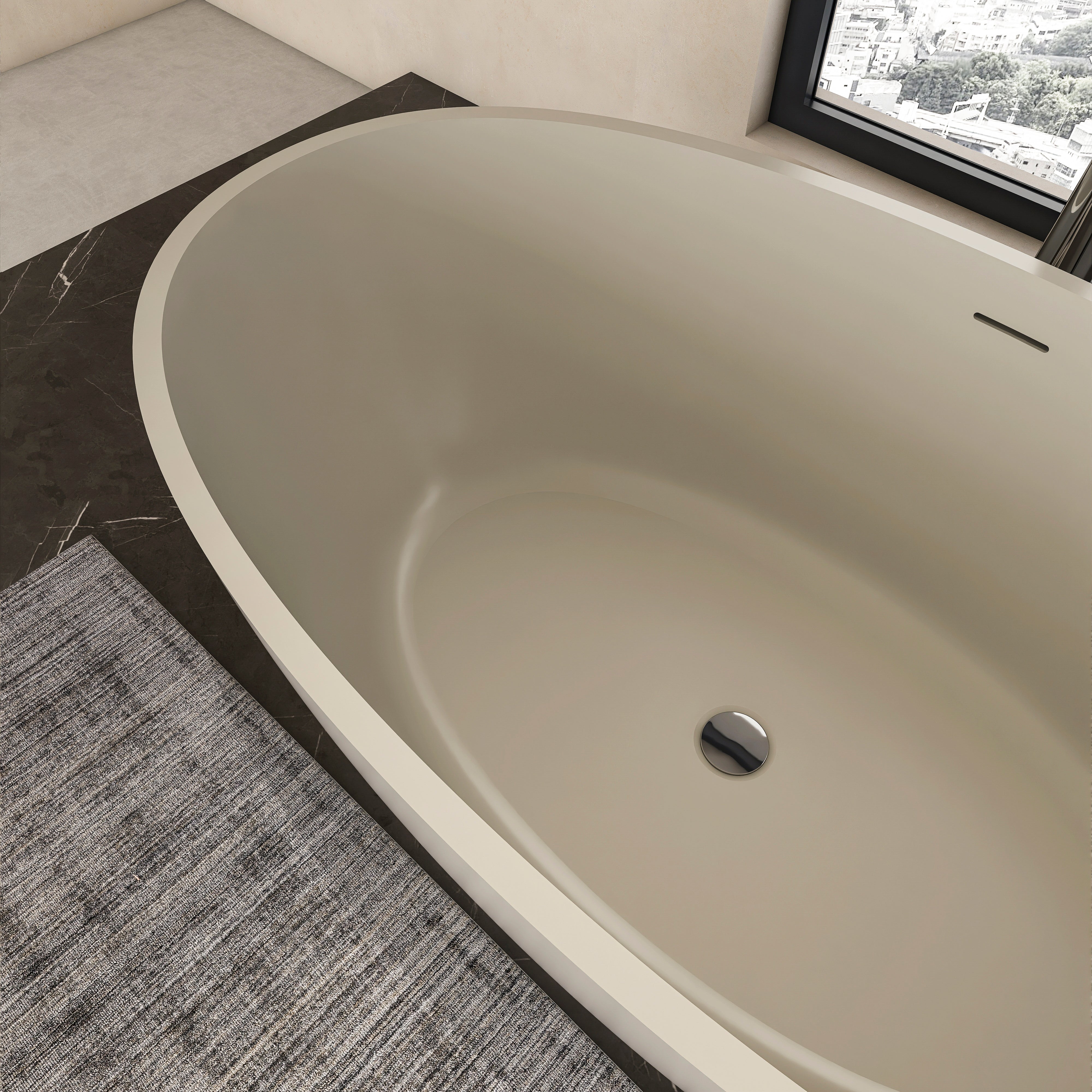 Modern freestanding soaking bathtub, solid surface finish, profile view