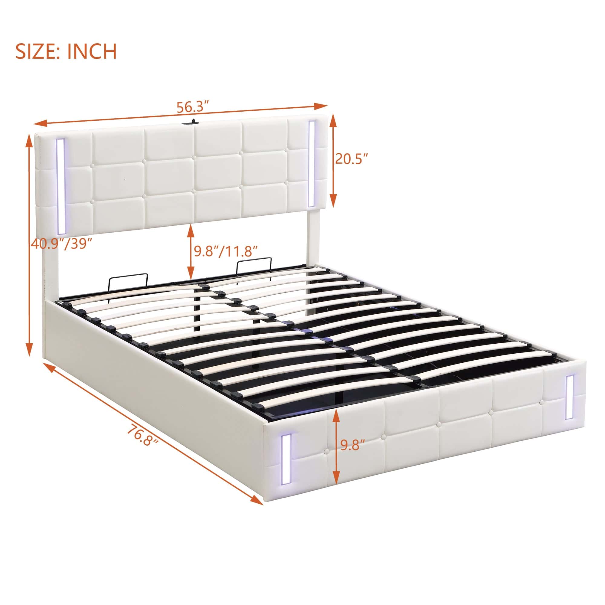 Full Size Upholstered Bed with LED Lights,Hydraulic Storage System and USB Charging Station,White