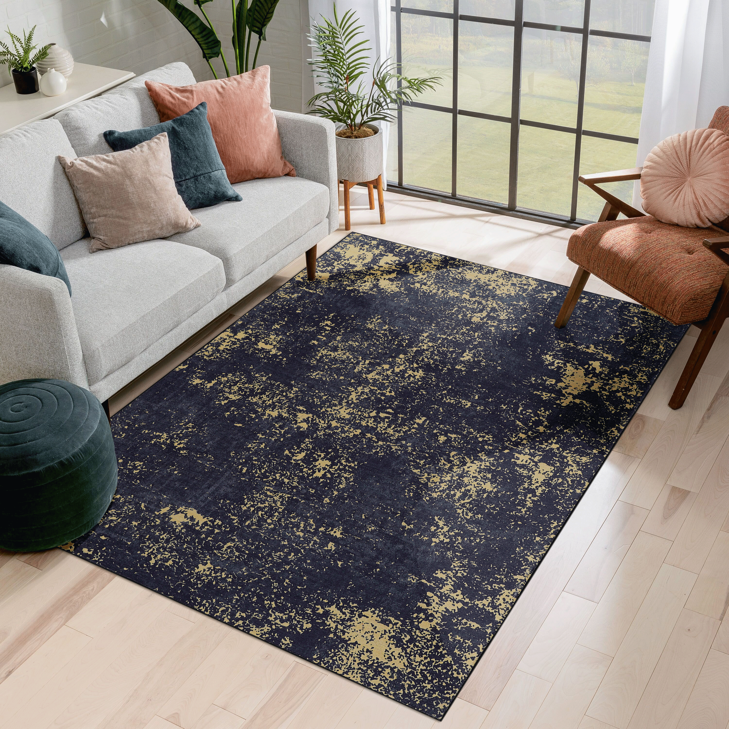 5x8 Area Rug for Bedroom, Washable Rug, Low-Pile, Non-Slip, Non-Shedding, Foldable, Kid&Pet Friendly - Area Rugs for living room, bedroom, kitchen, dining room, Wedding Gift, (Black+Gold, 5'x8')