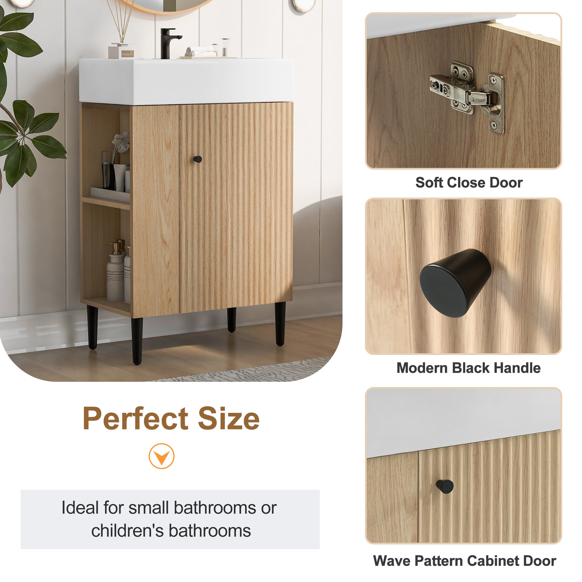 21.6 inch wood bathroom vanity with ceramic sink, close-up view