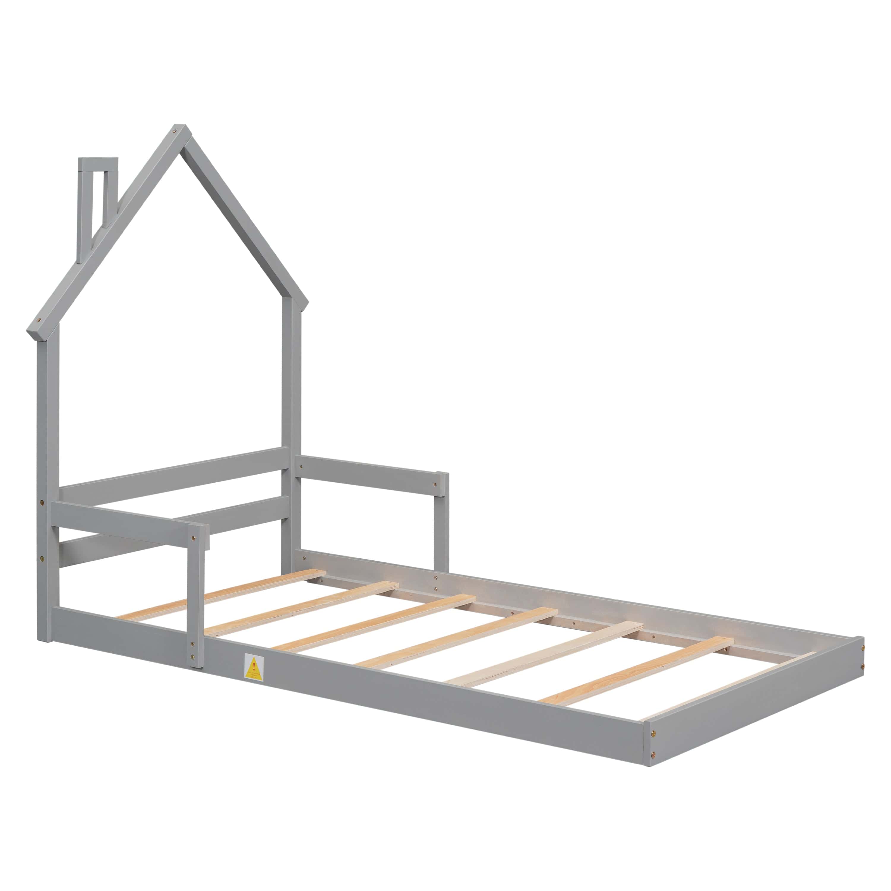 Twin House-Shaped Headboard Floor Bed with Handrails ,slats,Grey