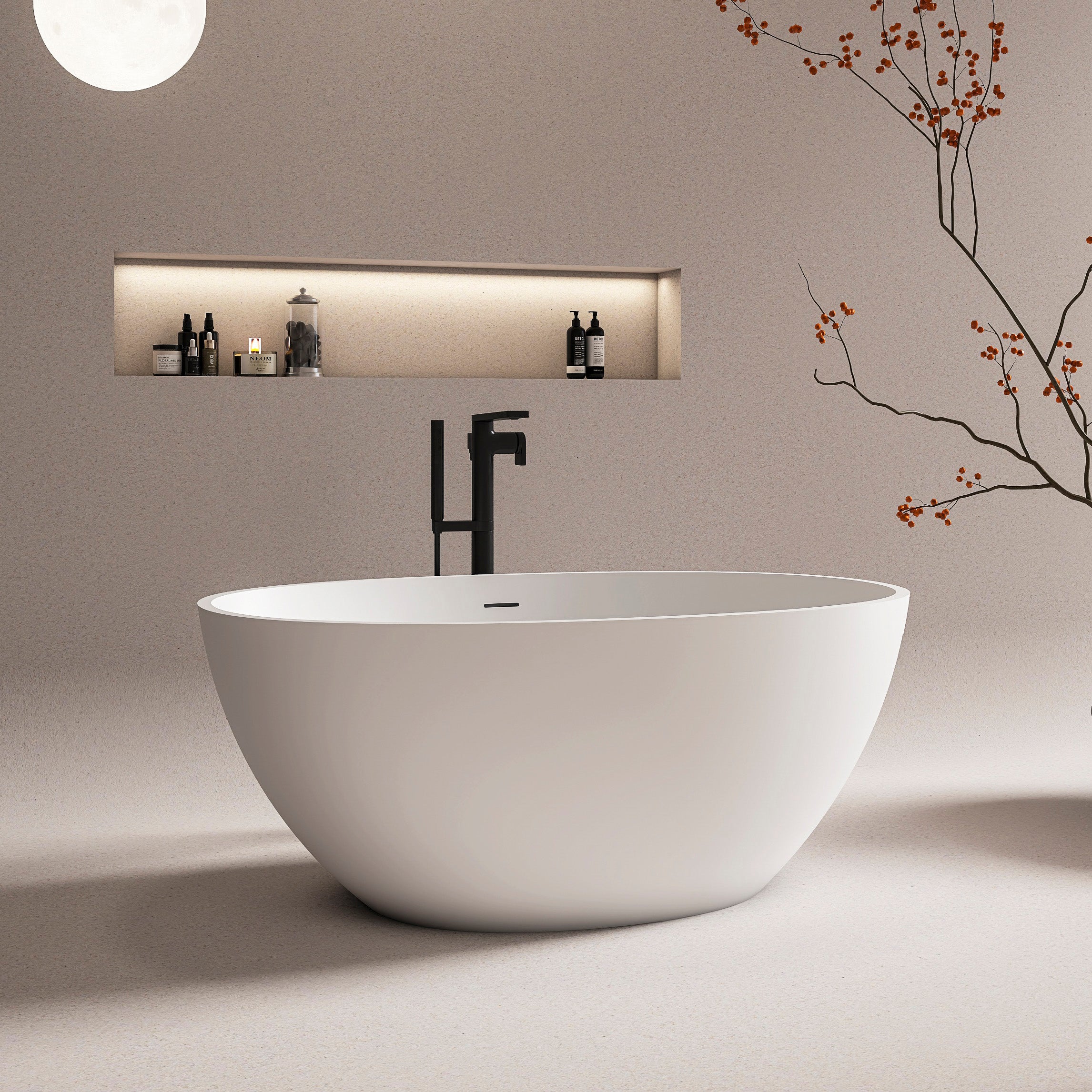 55-inch freestanding solid surface soaking bathtub, angled side view