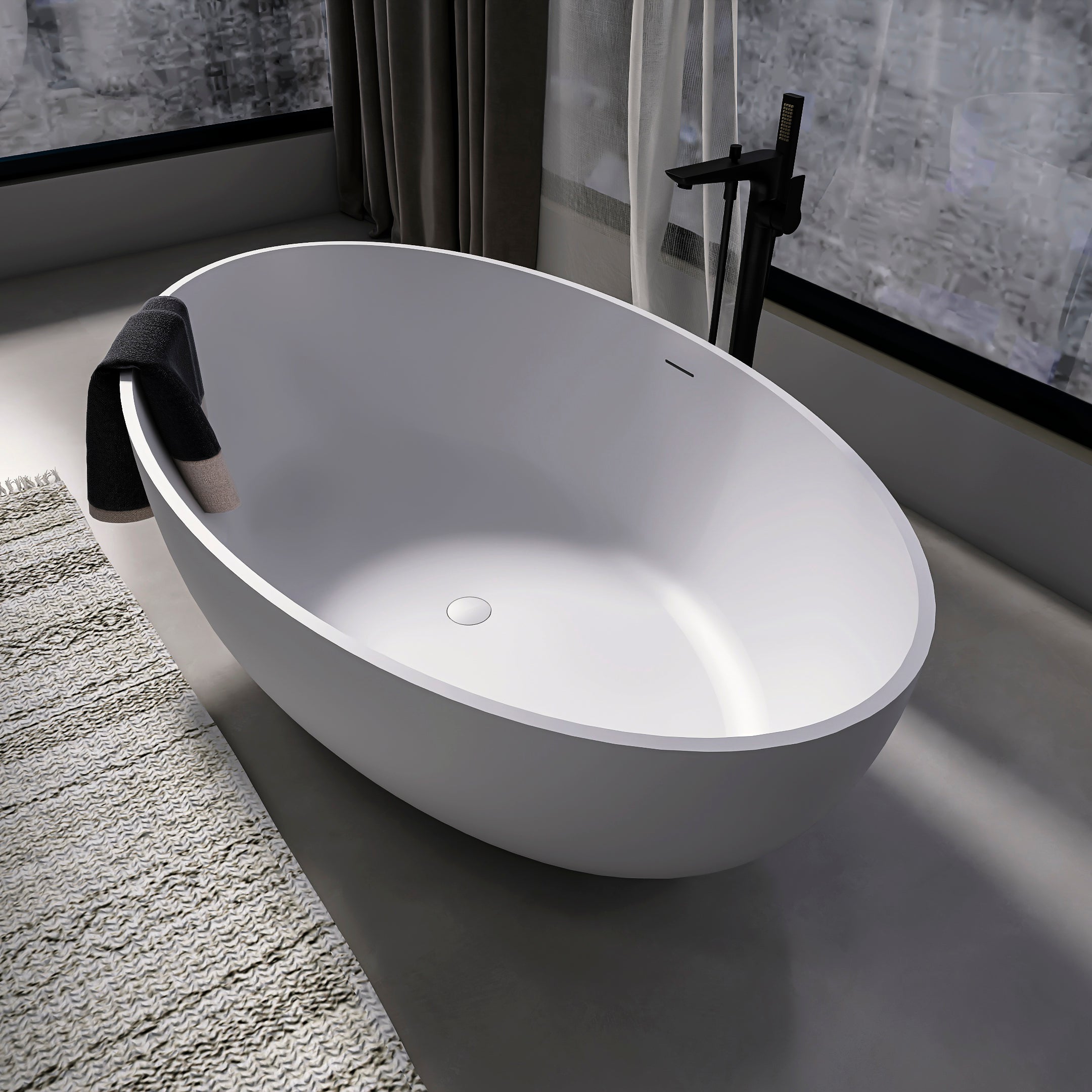 Freestanding solid surface soaking bathtub 67 in, angled side view