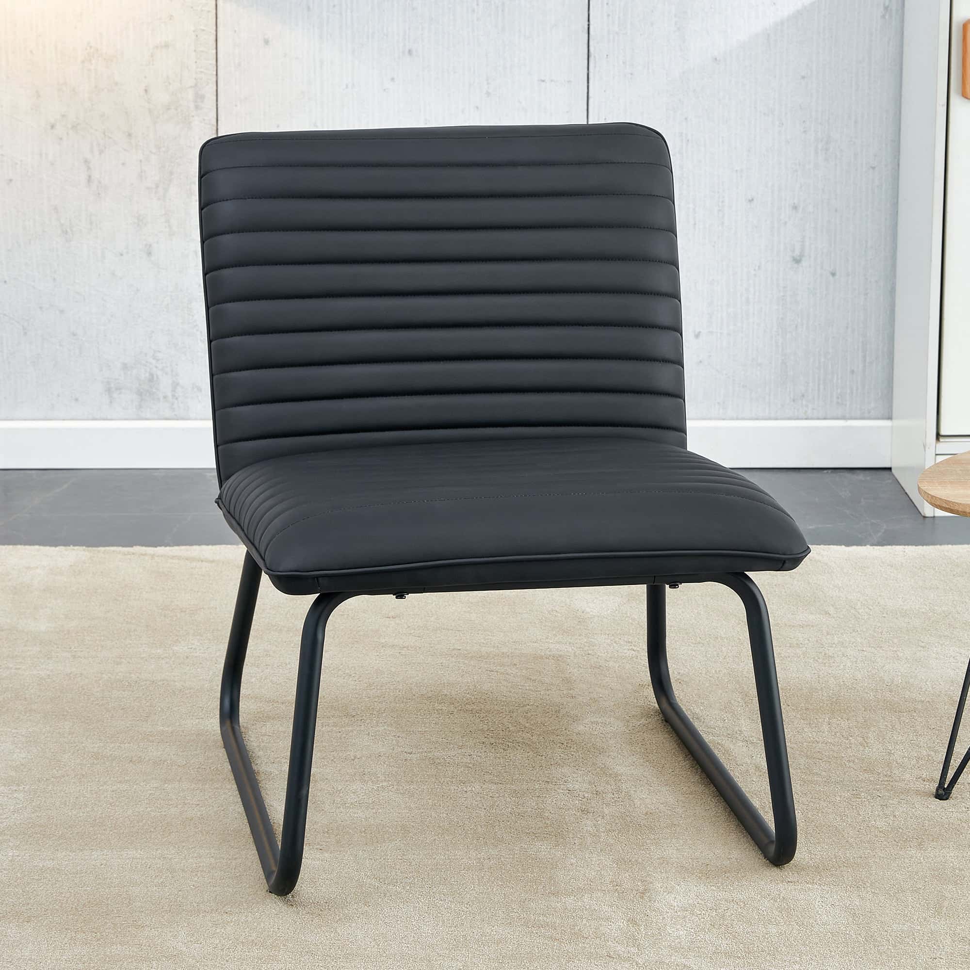 Black minimalist armless sofa chair with PU backrest, paired with black metal legs, suitable for offices, restaurants, kitchens, and bedrooms