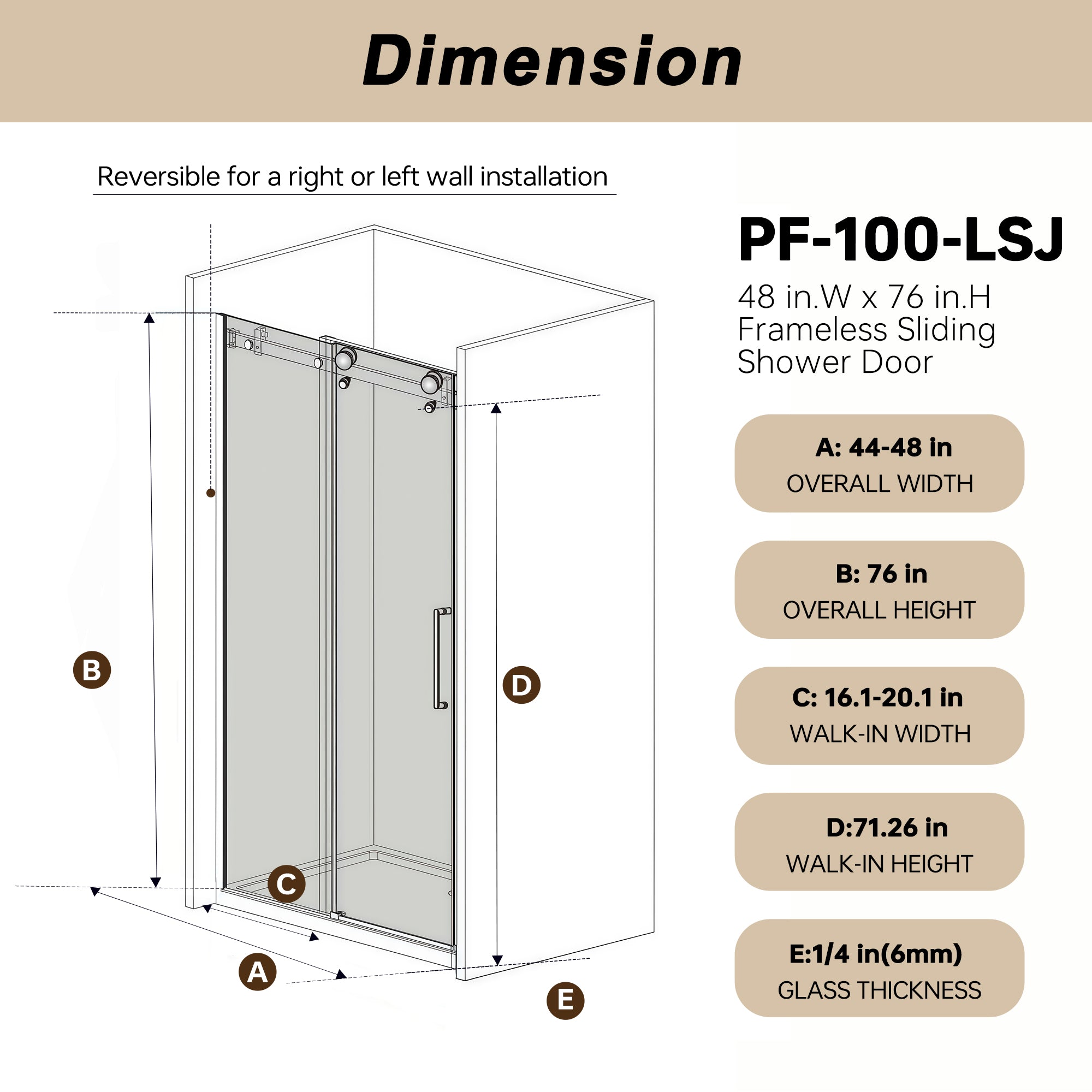 48 x 76 in Frameless Single Sliding Square-Tube Shower Door - 48 x 76 in / Brushed Gold / Square Tube view 5