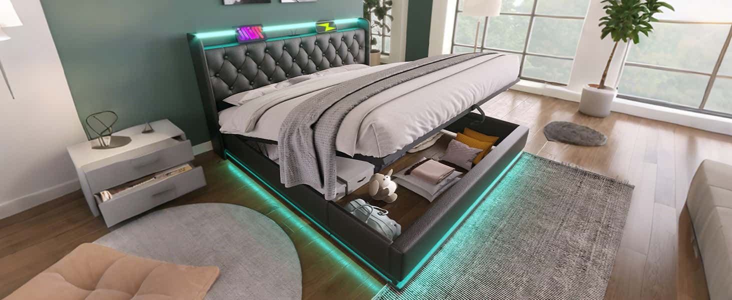 Queen size Upholstered bed, 360 surround LED function, Buttons/Apps/Remote Control, hydraulic storage bed with USB Type-C charging, Black,PU (Without mattress)