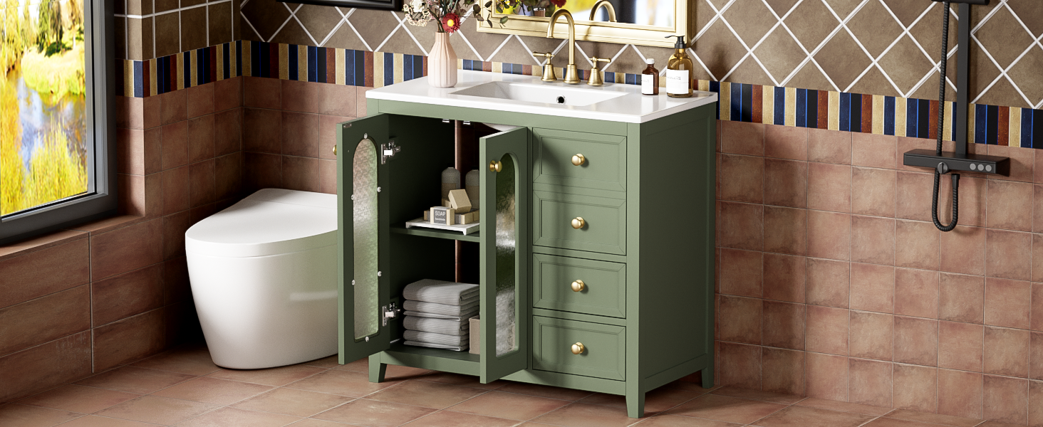 36-inch bathroom vanity with two soft close doors, adjustable shelves and three drawers