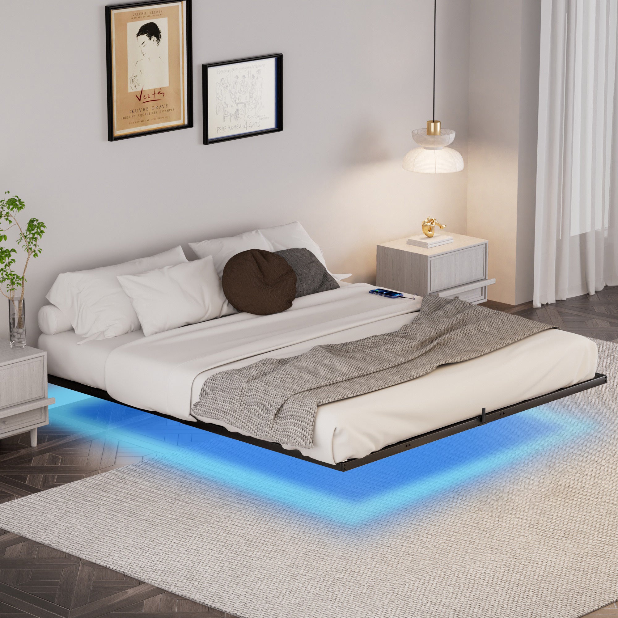 Floating Bed Frame King Size with LED Lights & charging station, Metal Platform Queen Bed, 79.9'' L x 76.2'' W x 7.9'' H.
