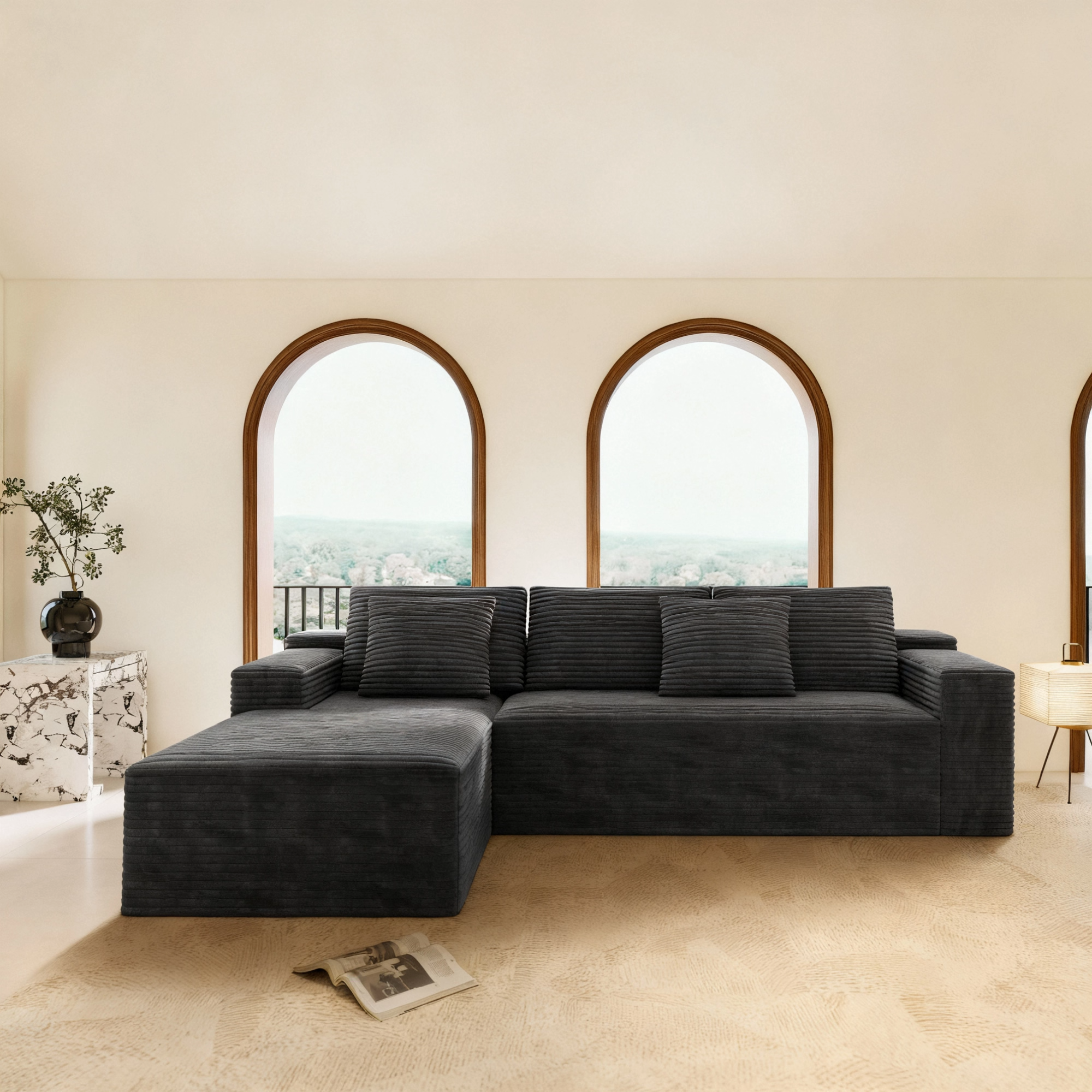 Grey corduroy modular sectional sofa, seat and cushion detail view