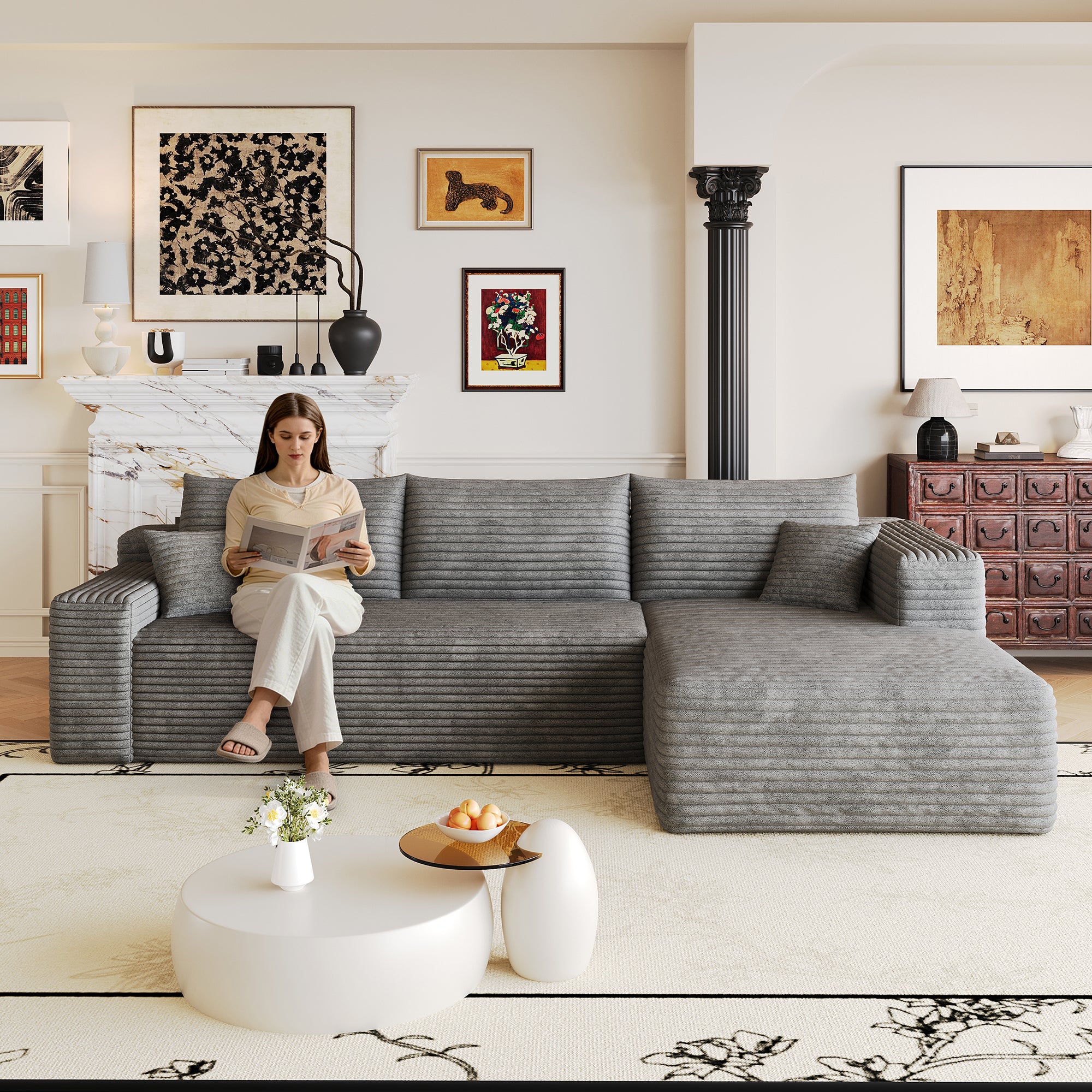 Dark grey 103-inch L-shaped corduroy sectional sofa, front view