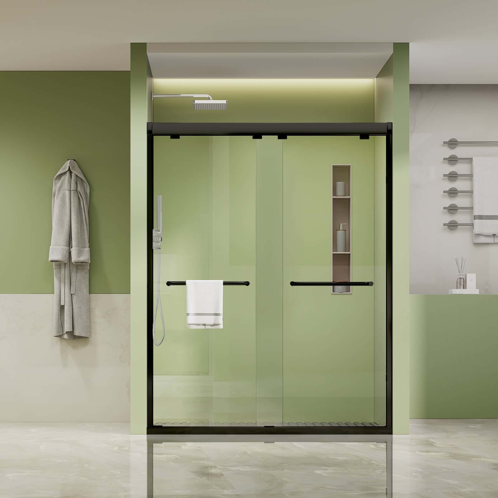 Framed Both Sliding Glass Shower Doors 60" W x 76"H with 1/4"(6mm) Clear Tempered Glass, Matt Black Finish, Big Rollers, Square Rail, Self-cleaning coating on both sides