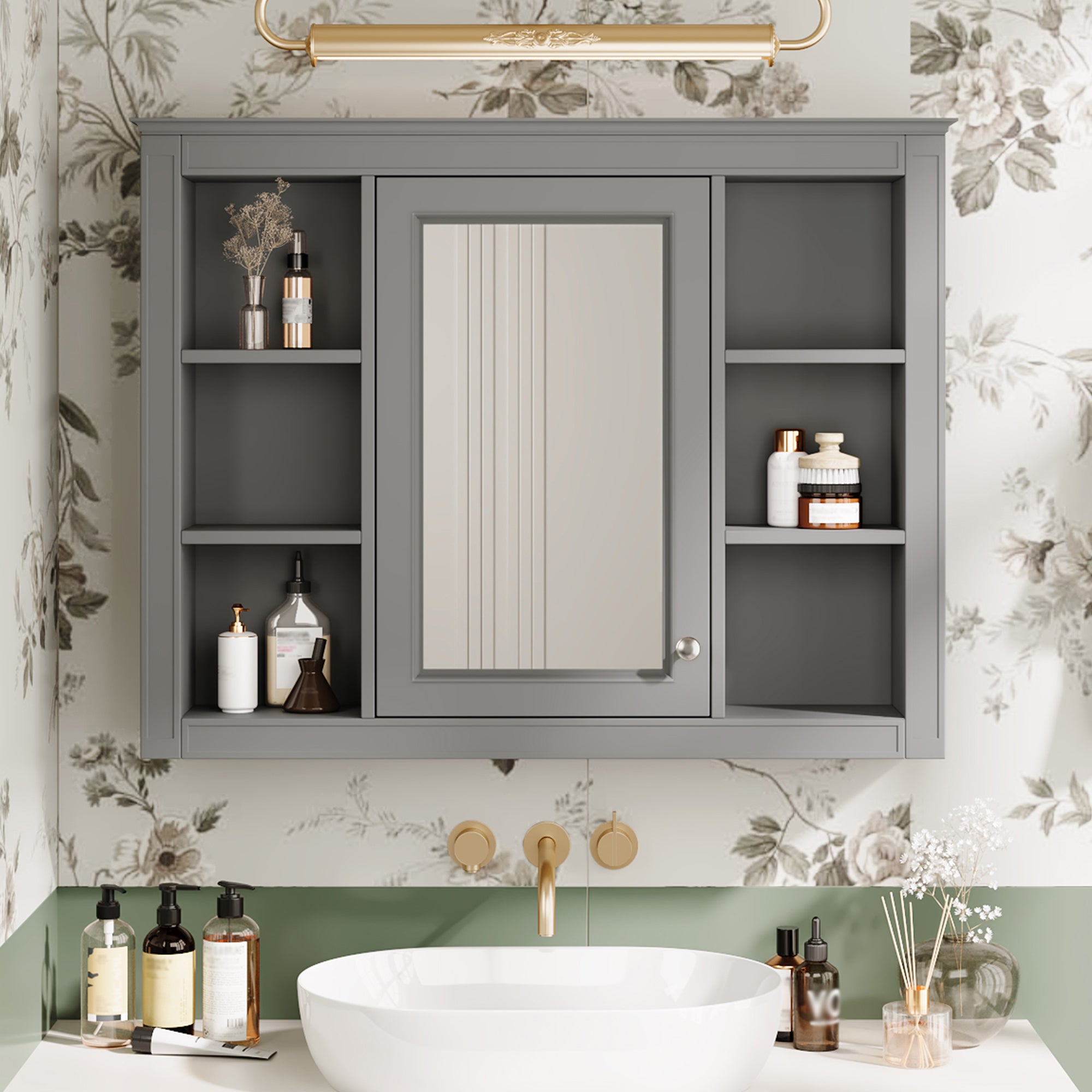 Modern 35 x 28 inch wall-mounted medicine cabinet with mirror front, front view