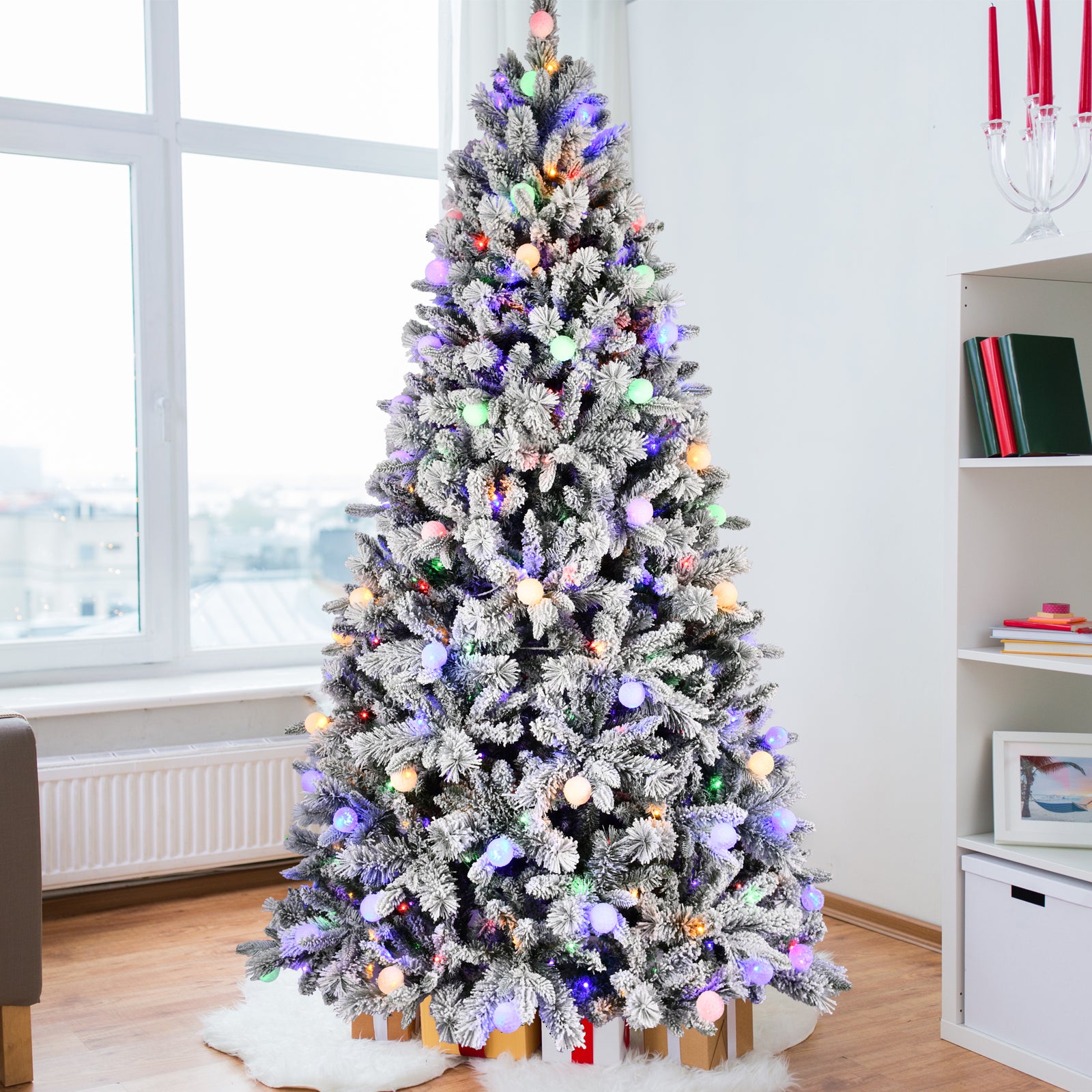 7.5FT PE+PVC Floceked Christmas Tree with Easy Power & Memory Wire Technology, 400 Dual-Color LEDs With 10 Function, G45 Bulbs, and 1523 Tips , Innovative Holiday Experience!